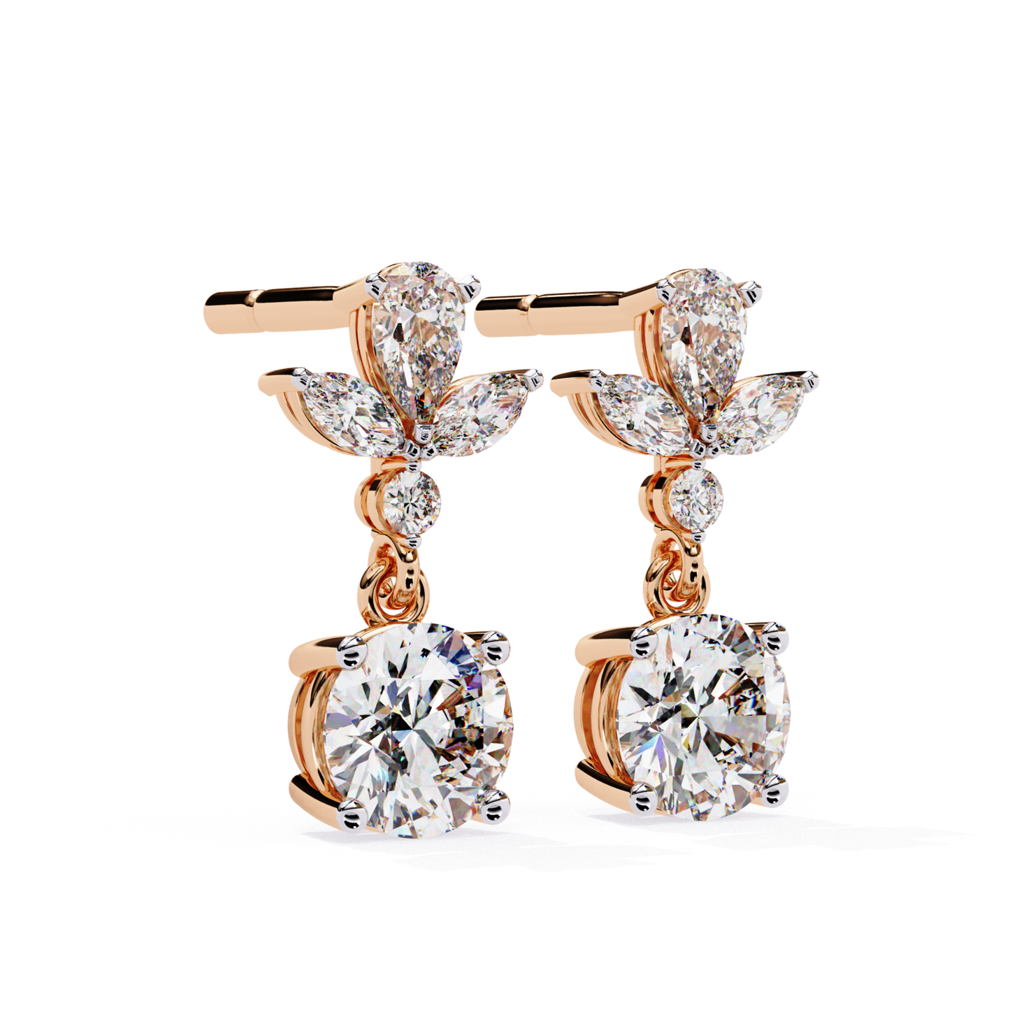 Elegant rose gold drop earrings with a round diamond at the center, accented by pear-shaped diamonds forming a delicate leaf shape, creating a refined and sparkling design.