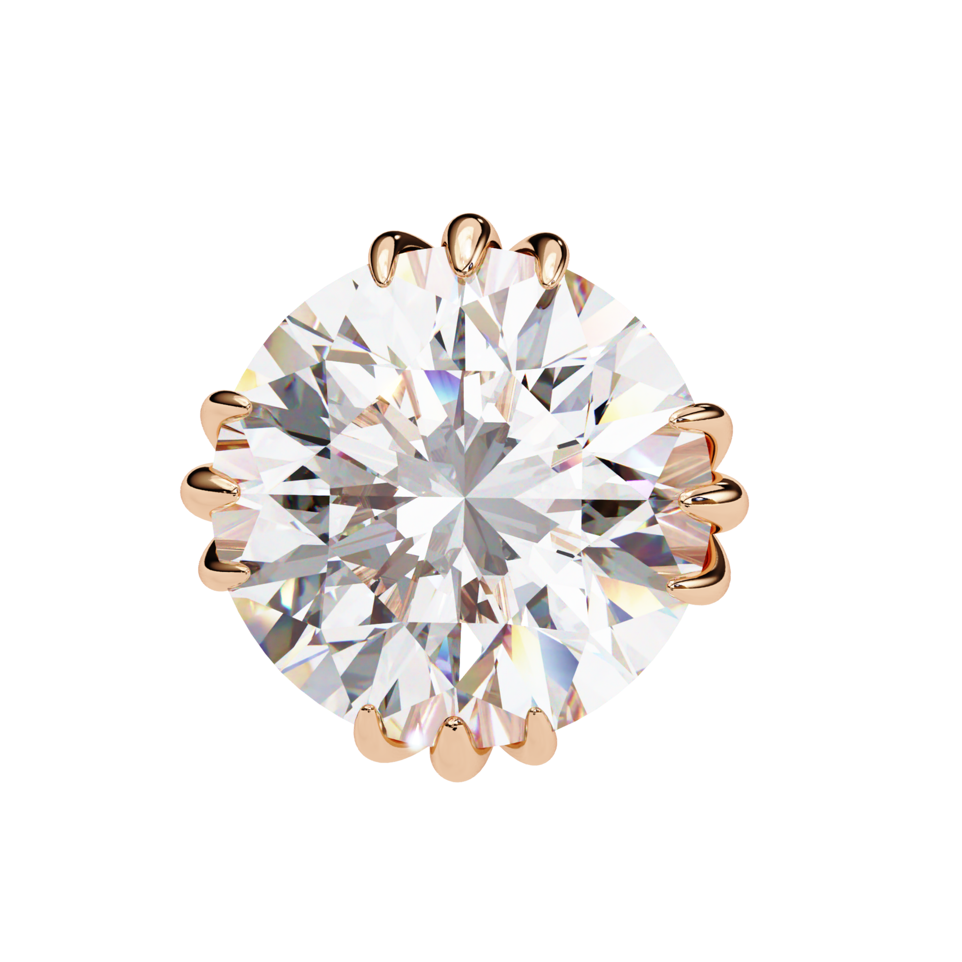 A close-up view of a luxurious rose gold solitaire earring with a dazzling round-cut diamond, featuring a secure six-prong setting for an elegant and refined finish
