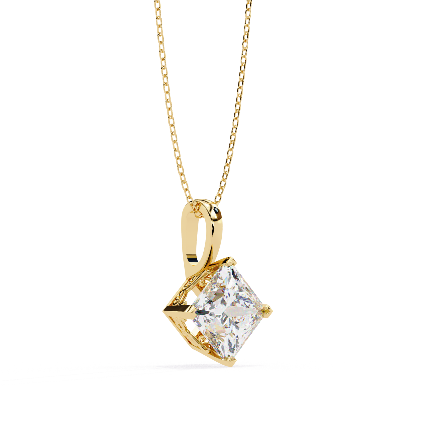 Angle view of a stunning gold pendant with a princess-cut diamond, attached to a matching chain