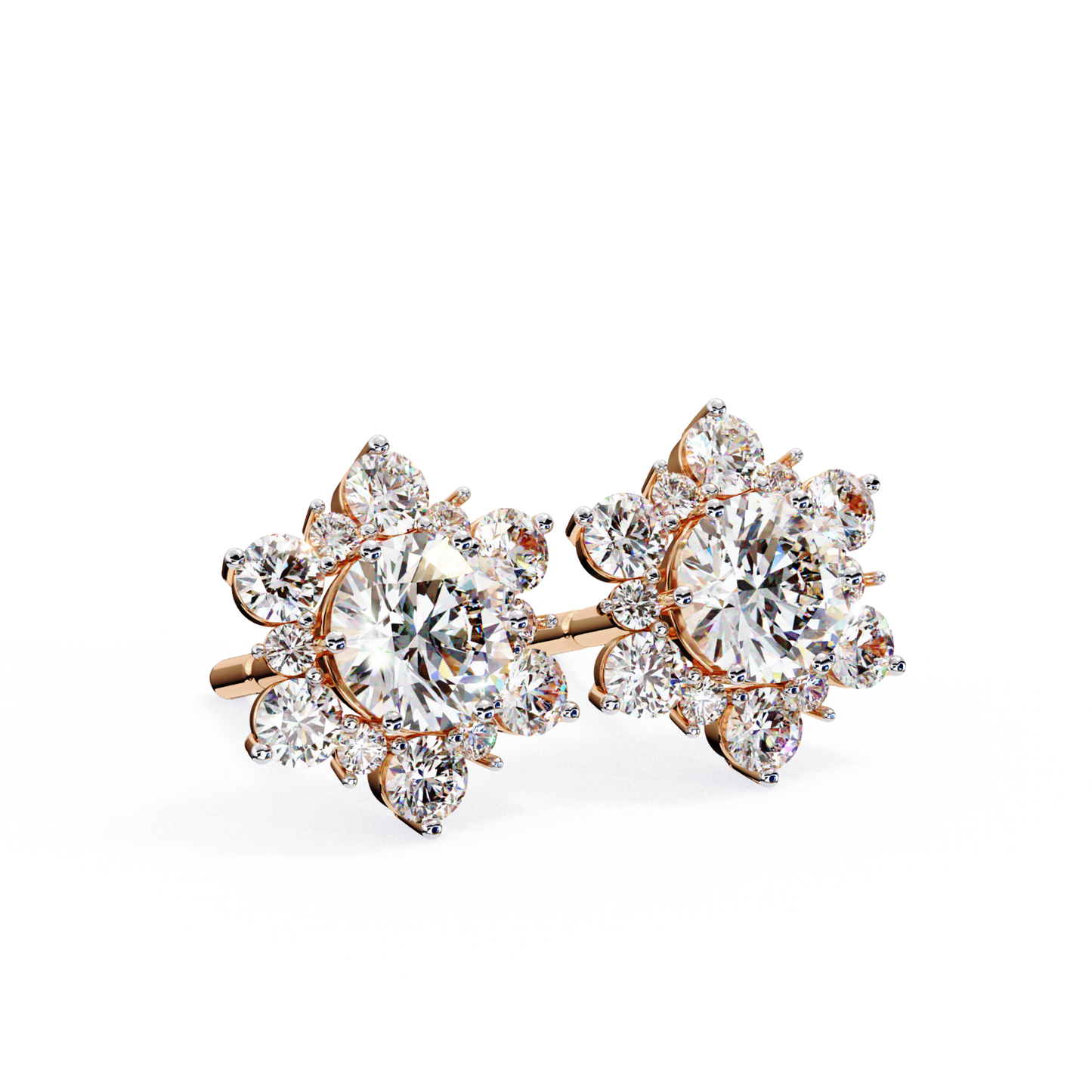 Rose gold round diamond stud earrings with surrounding diamonds