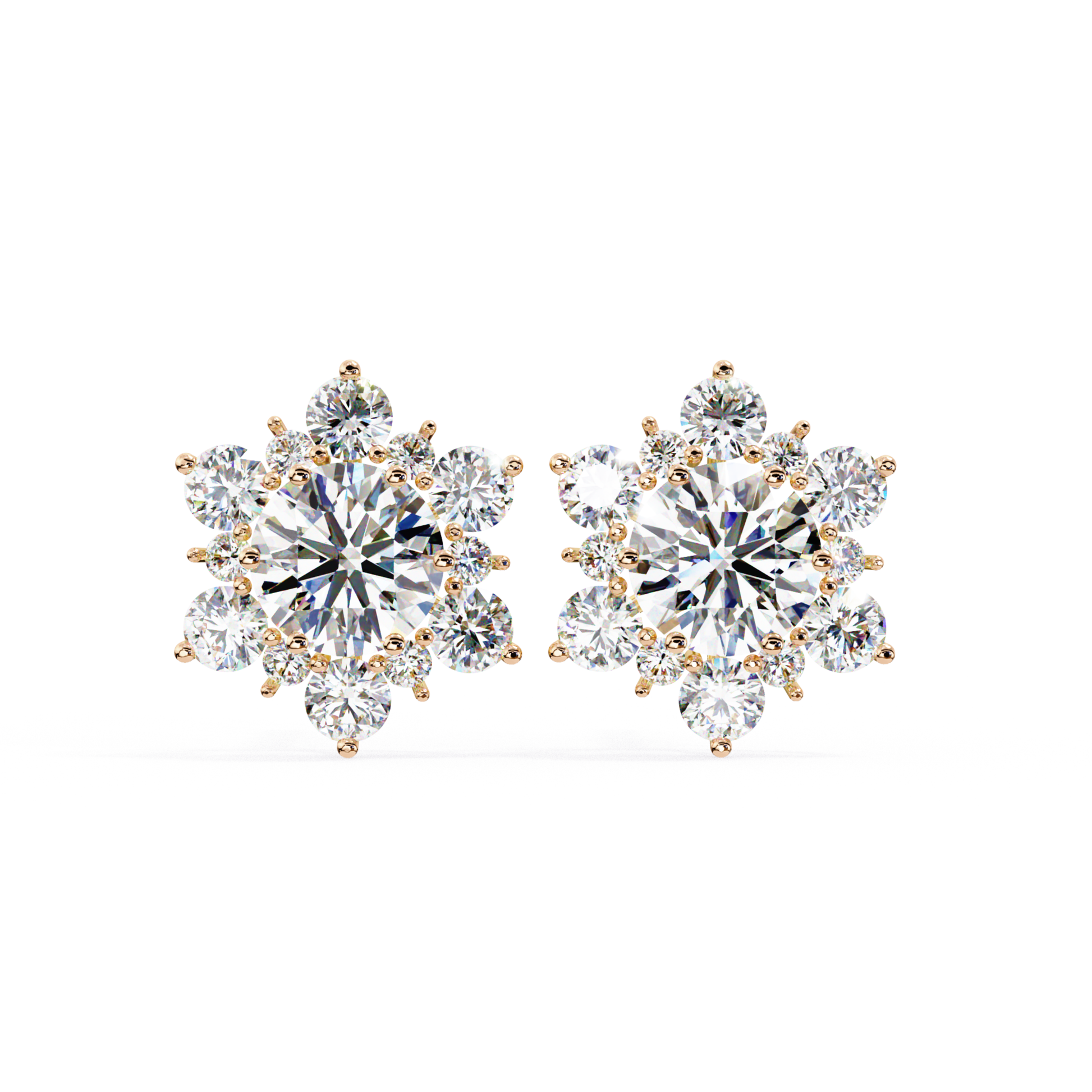 Rose-gold round diamond stud earrings with layered stone setting