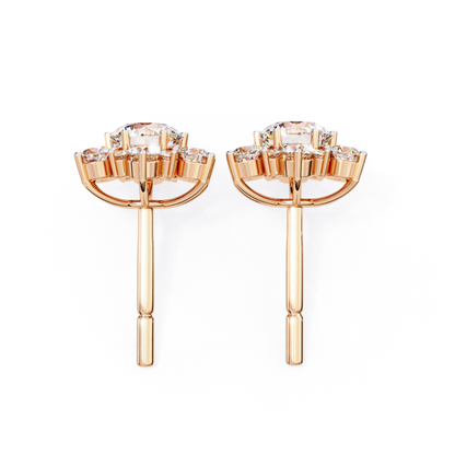 Back profile of rose gold round diamond stud earrings with post