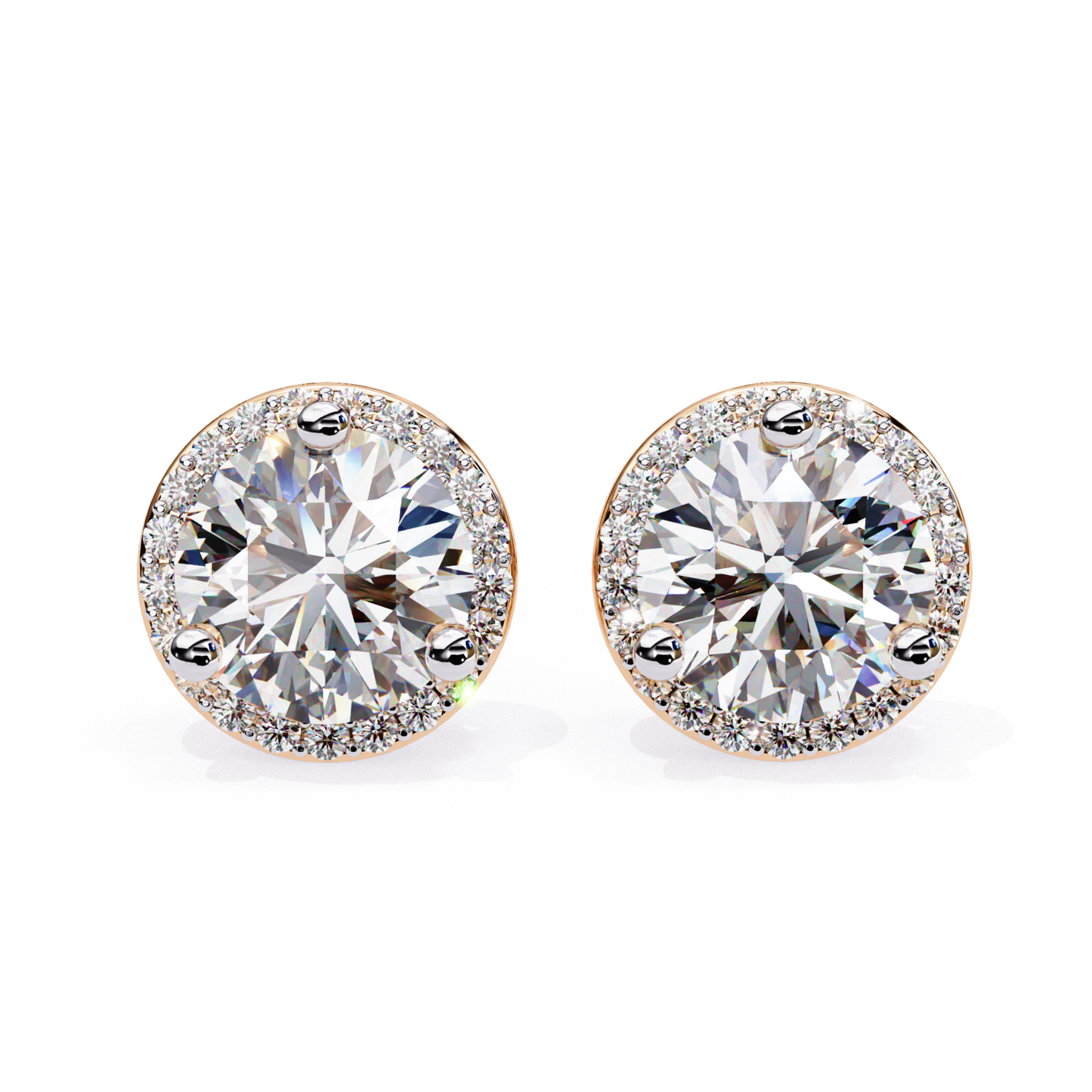 Rose gold round diamond stud earrings with halo detail