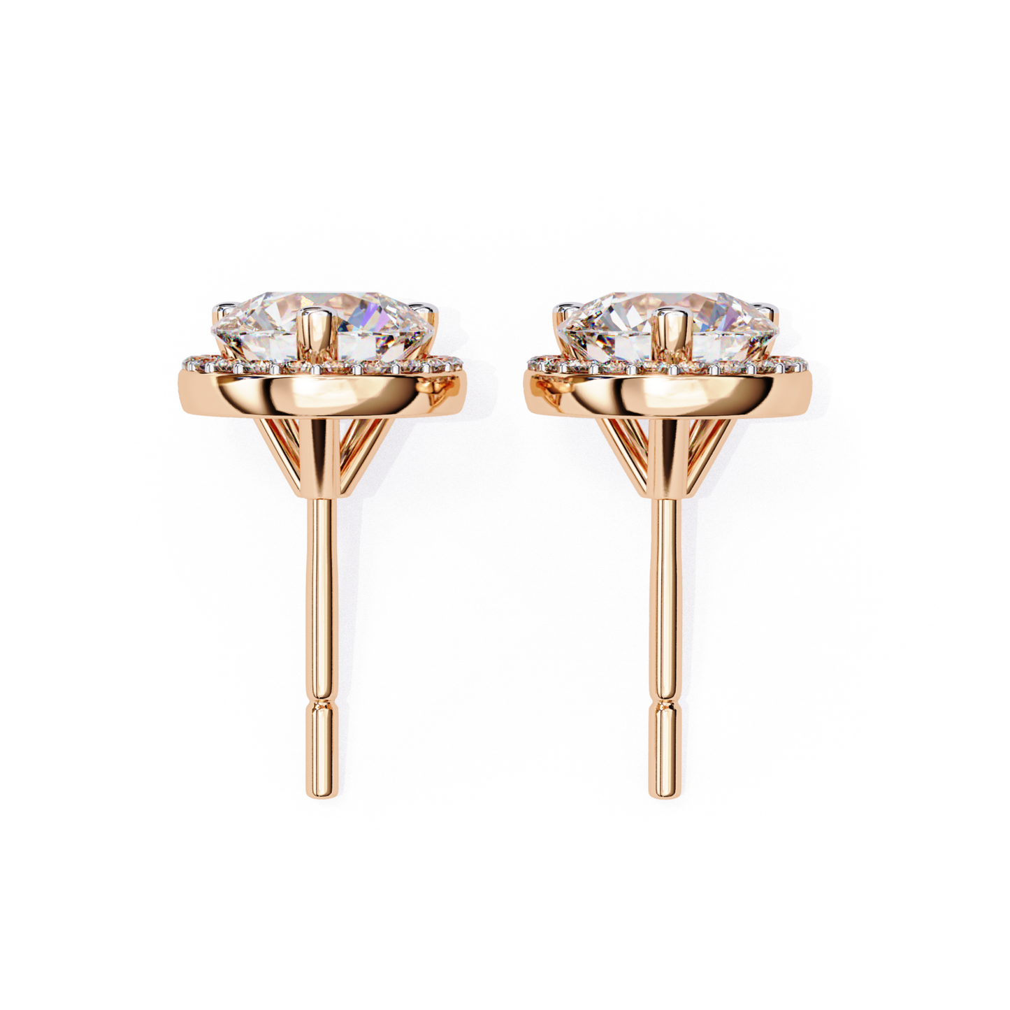 Side profile of rose gold round diamond stud earrings with halo mount