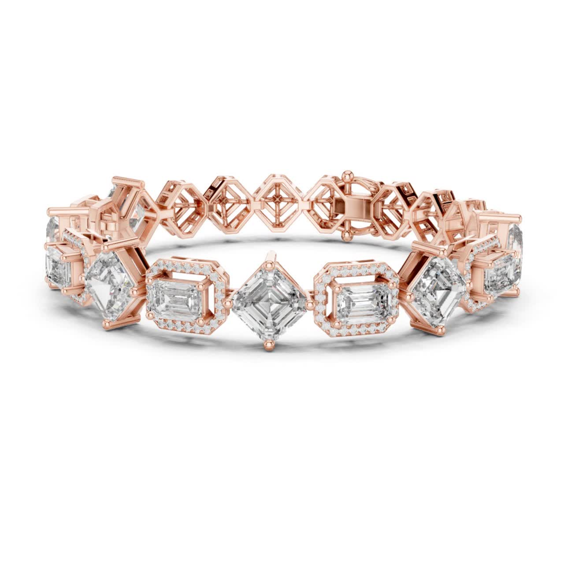 Rose gold Asscher and emerald cut diamond tennis bracelet
Luxury diamond tennis bracelet in rose gold
Mixed shape diamond bracelet with halo settings
Rose gold bracelet featuring Asscher cut diamonds
Emerald cut diamond tennis bracelet for women
Elegant rose gold diamond bracelet jewelry
Designer mixed cut diamond bracelet in rose gold
Fine diamond tennis bracelet with geometric design
Statement rose gold bracelet with diamonds
Modern diamond tennis bracelet in rose gold setting