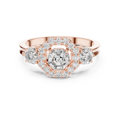 Rose gold Asscher halo three stone diamond ring
Rose gold halo ring with Asscher cut diamond
Three stone Asscher diamond ring in rose gold
Rose gold ring with halo center diamond
Asscher cut diamond ring with rose gold band
Rose gold diamond ring with halo setting
Three stone rose gold engagement ring design
Rose gold Asscher diamond ring with side stones
Halo diamond ring with polished rose gold band
Rose gold ring with Asscher center diamond