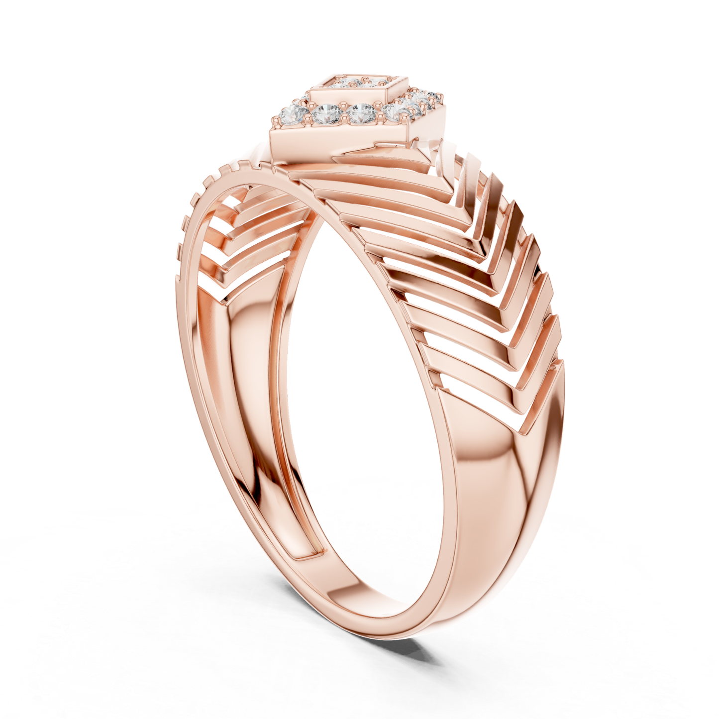 Rose gold chevron pattern diamond ring side view
Side profile rose gold layered fashion ring
Rose gold geometric angled band ring
Modern rose gold structured diamond ring
Rose gold textured chevron style band
Contemporary rose gold Art Deco ring
Rose gold open pattern statement ring
Elegant rose gold angular fashion band
Rose gold round diamond side angle ring
Rose gold layered geometric band design