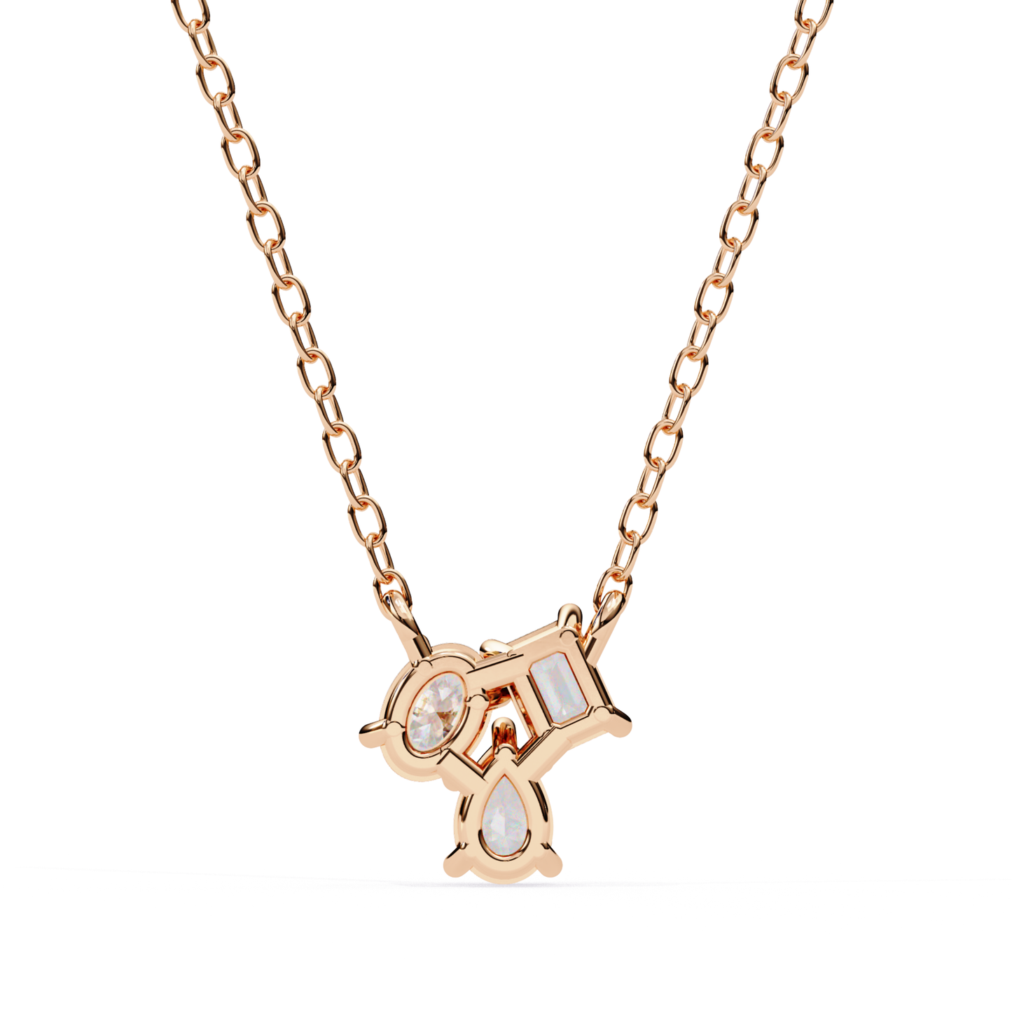 Rose gold cluster necklace set with pear rectangle and oval shaped opal stones