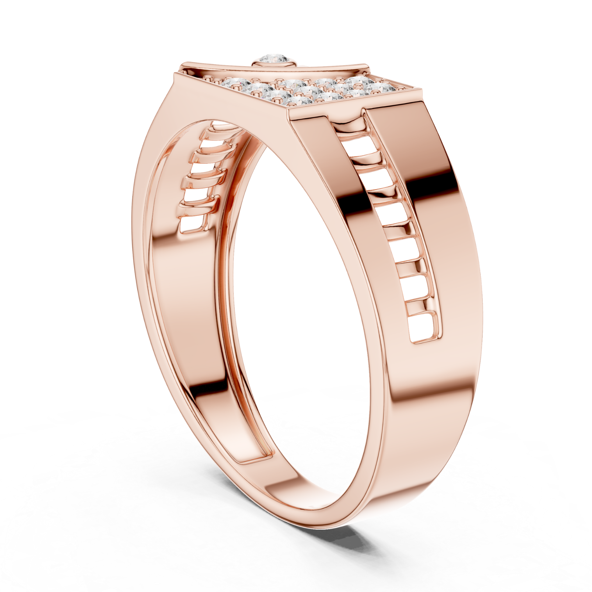 Rose gold diamond top signet ring side view
Modern rose gold signet ring with diamonds
Rose gold geometric band with diamond top
Contemporary rose gold diamond signet design
Bold rose gold statement ring side profile
Rose gold polished ring with diamond accents
Elegant rose gold modern signet band
Rose gold luxury geometric diamond ring
Wide rose gold fashion ring with diamonds
Rose gold designer signet ring profile