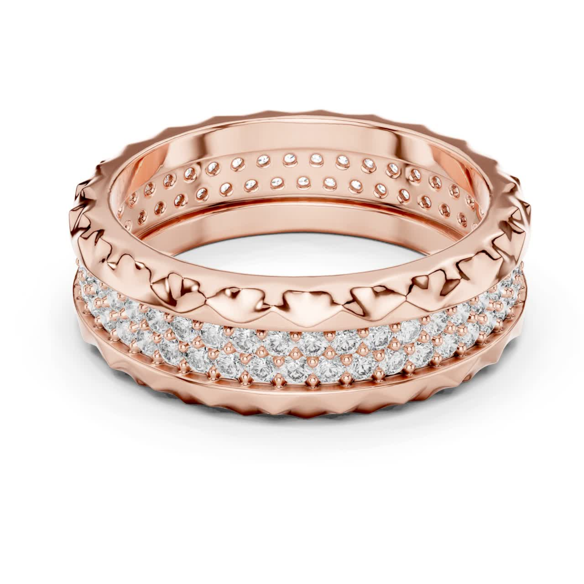 Rose gold diamond eternity ring with double pave row
Round diamond eternity band in polished rose gold
Rose gold wedding band with layered diamond setting
Modern rose gold ring with round diamond
Double row diamond band with textured rose gold edge
Luxury rose gold eternity ring with pave diamond
Wide rose gold diamond band with carved pattern detail
Elegant rose gold ring with continuous diamond row
Rose gold anniversary band with round cut diamond
Rose gold diamond ring with bold texture band