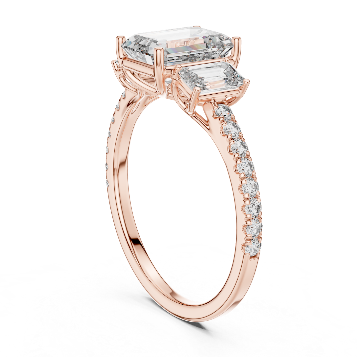 Back view of emerald cut three stone diamond ring
Rose gold emerald diamond ring rear profile view
Emerald cut diamond ring with side stones back view
Rose gold three stone diamond ring gallery view
Rear view of emerald cut diamond ring in rose gold
Rose gold emerald diamond ring with pave band back angle
Three stone emerald cut ring side gallery in rose gold
Rose gold diamond ring showing basket setting
Emerald cut diamond engagement ring rear perspective view
Rose gold ring with emerald cut
