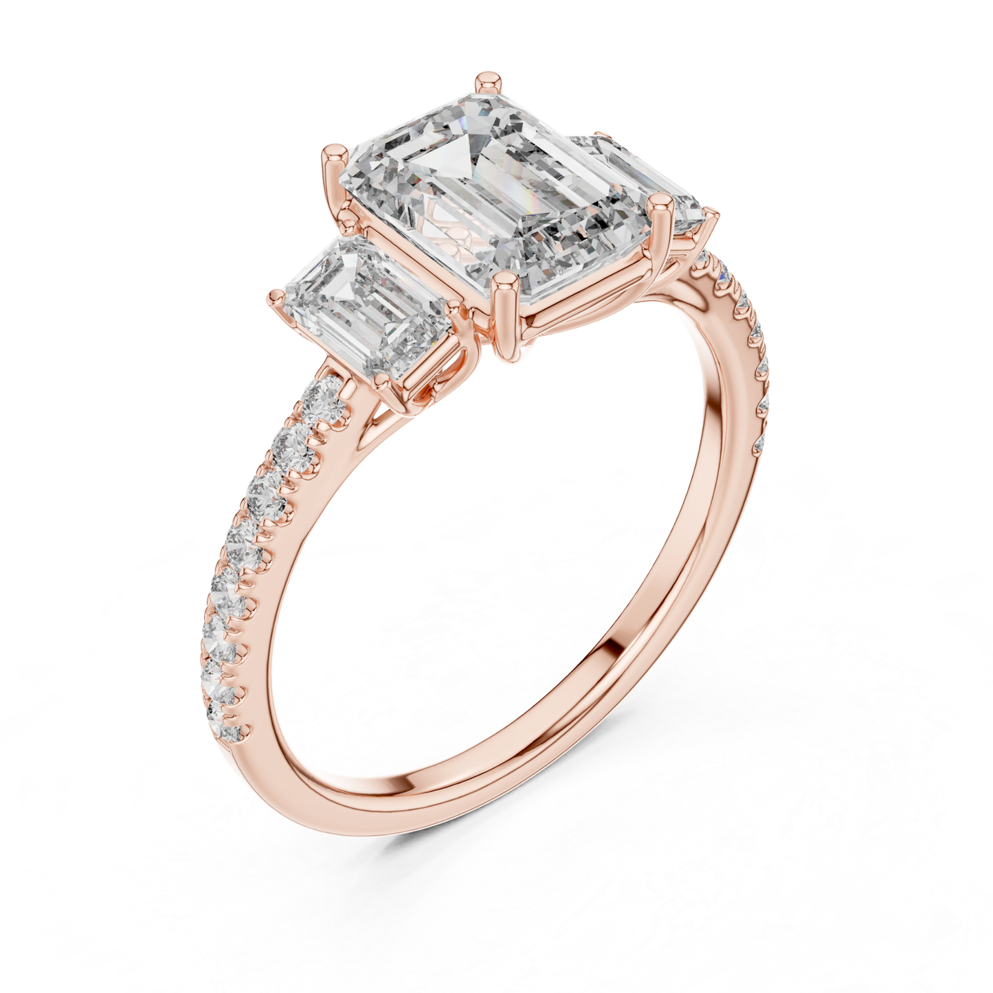 Rose gold emerald cut diamond ring with side diamonds
Emerald cut three stone diamond ring angled view
Rose gold diamond ring with emerald center stone
Three stone emerald diamond ring with accented band
Emerald cut diamond ring in rose gold view
Rose gold ring featuring emerald and baguette diamonds
Emerald diamond ring with prong setting and stones
Rose gold three stone diamond ring with slim band
Emerald cut center diamond ring with accents
Rose gold diamond ring showcasing emerald cut stones