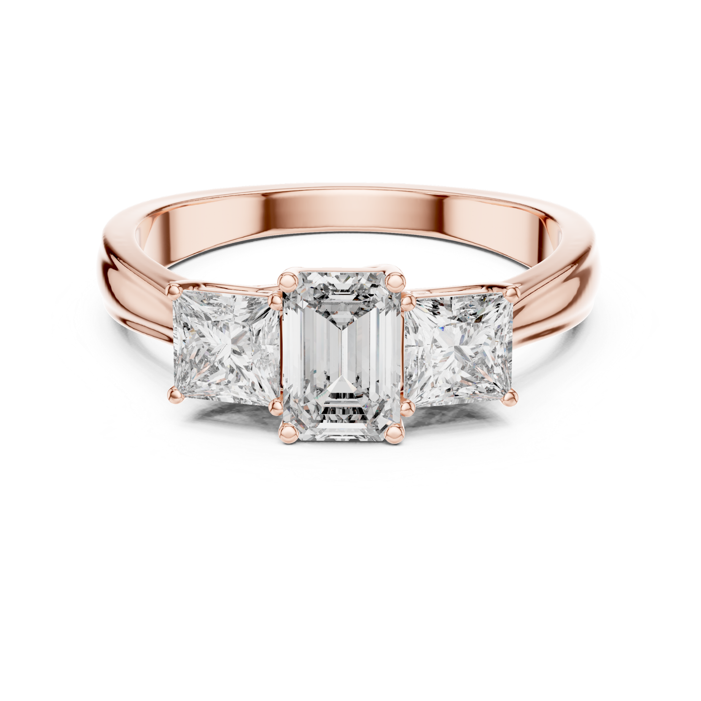 Rose gold emerald cut princess side diamond ring
Emerald cut diamond ring with princess side stones
Rose gold emerald center diamond ring design
Emerald cut diamond ring with square side stones
Rose gold three diamond engagement ring style
Polished emerald cut diamond ring rose gold
Classic emerald cut ring with princess diamonds
Emerald center ring with side diamond accents
Rose gold emerald cut bridal diamond ring
Minimal emerald cut diamond ring with side stones