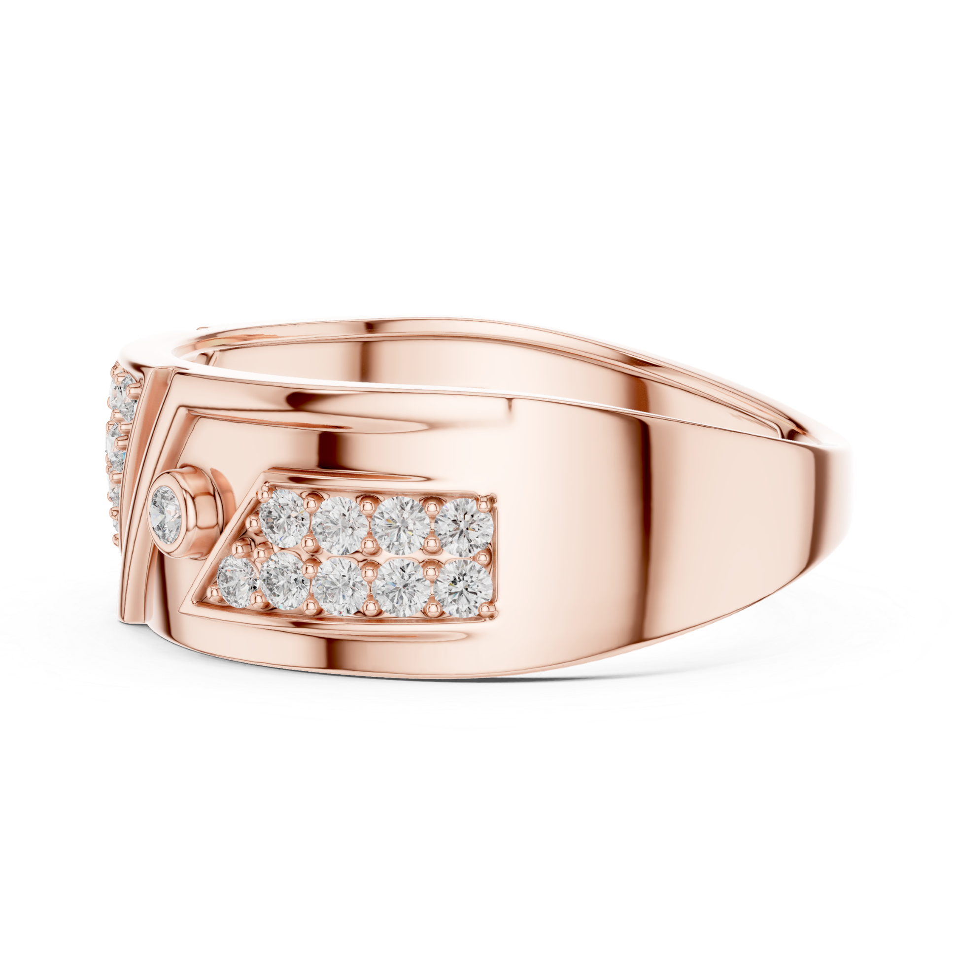 Rose gold geometric cluster diamond ring side view
Side angle rose gold abstract diamond band ring
Modern rose gold wide band diamond ring design
Rose gold polished geometric statement ring profile
Contemporary rose gold cluster diamond fashion ring
Rose gold rectangular cluster diamond band style
Luxury rose gold geometric diamond ring side angle
Bold rose gold architectural diamond band ring
Rose gold modern statement diamond ring profile
Elegant rose gold geometric cluster band ring