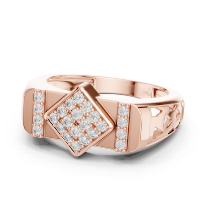 Rose gold geometric diamond ring side view
Side view of diamond cluster ring in rose gold
Rose gold statement ring with geometric band detail
Polished rose gold ring with diamond side profile
Round cut diamond ring with geometric rose gold band
Rose gold fashion ring with angled cluster top
Elegant side view of rose gold diamond ring
Modern rose gold geometric ring with tapered band
Luxury rose gold ring with polished side finish
Rose gold multi diamond ring with open side detail