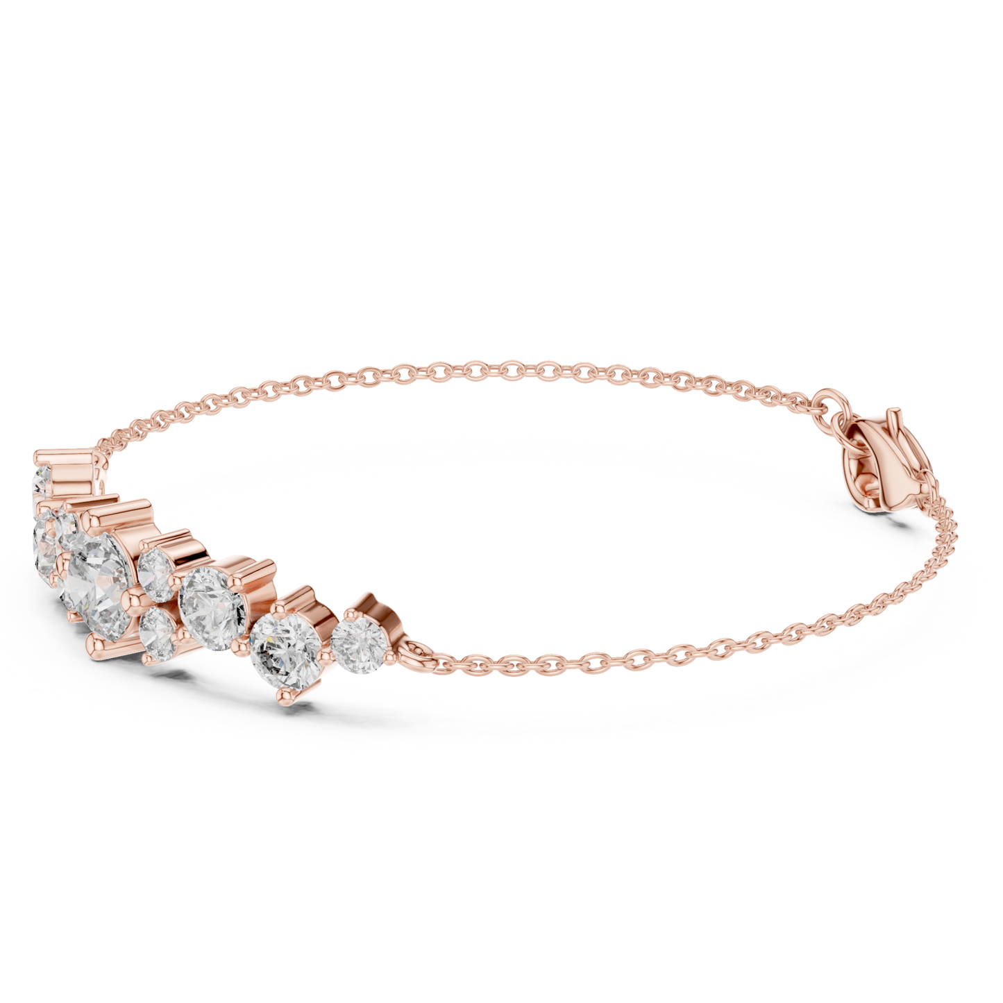 Side angle rose gold graduated diamond bracelet
Rose gold chain bracelet with round diamond cluster
Diamond bracelet with graduated center arrangement
Rose gold bracelet showing prong set diamonds
Angled profile round diamond chain bracelet
Rose gold bracelet with cascading round stones
Multi stone diamond chain bracelet side perspective
Rose gold graduated diamond bracelet profile
Fine chain bracelet with round diamond accents
Side view rose gold diamond centerpiece bracelet