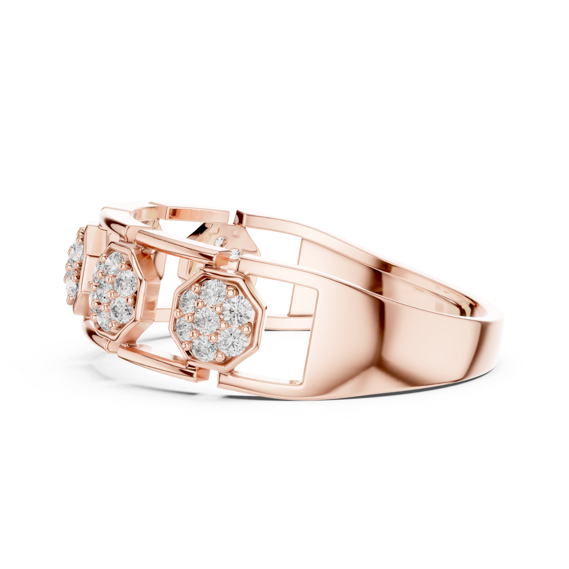 Rose gold hexagon diamond link ring side view
Side profile rose gold geometric cluster ring
Rose gold open link diamond band ring
Modern rose gold hexagon motif fashion ring
Rose gold connected diamond station ring
Contemporary rose gold openwork band ring
Rose gold structured hexagon diamond ring
Elegant rose gold geometric link band
Round diamond rose gold designer ring profile
Rose gold architectural diamond fashion ring