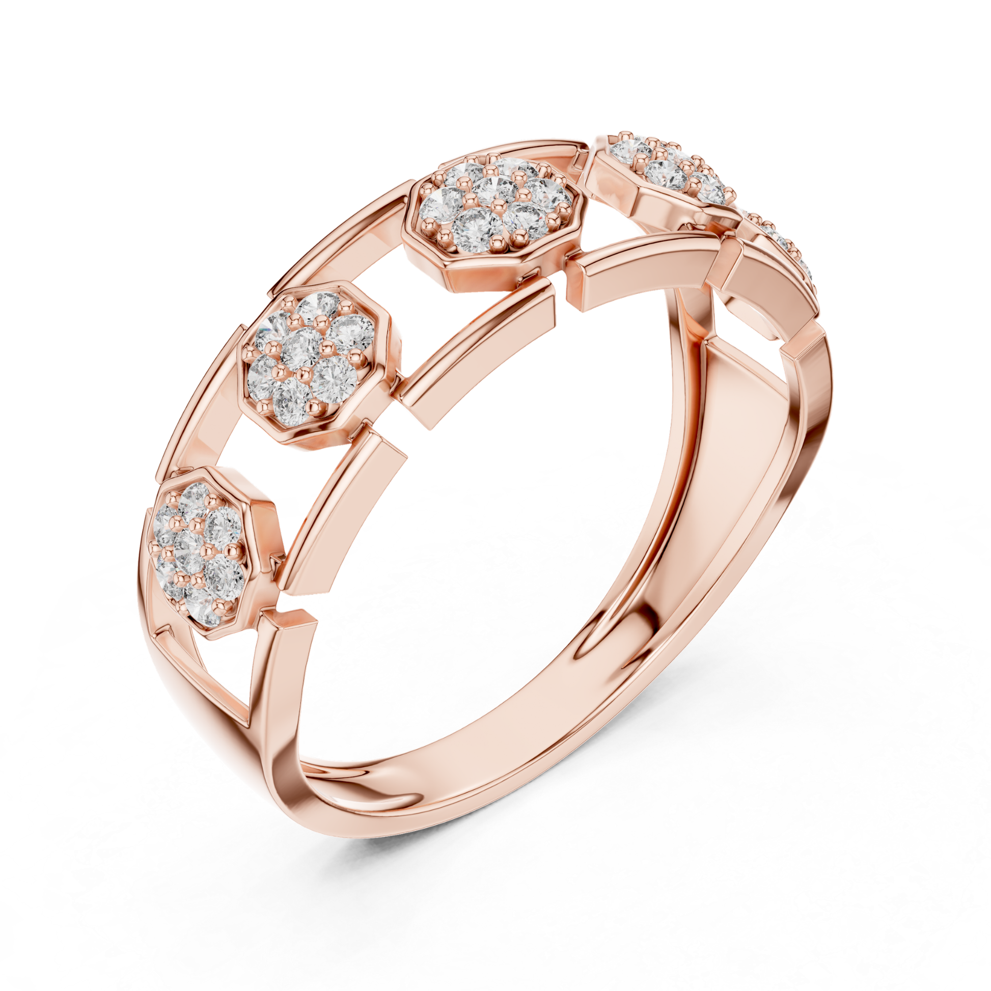 Rose gold hexagon diamond station ring
Modern rose gold geometric diamond link ring
Rose gold open gallery diamond band ring
Round diamond rose gold hexagon motif ring
Rose gold connected station diamond ring
Contemporary rose gold cluster diamond band
Rose gold architectural diamond fashion ring
Elegant rose gold open link band ring
Rose gold designer hexagon diamond ring
Round diamond rose gold geometric station ring