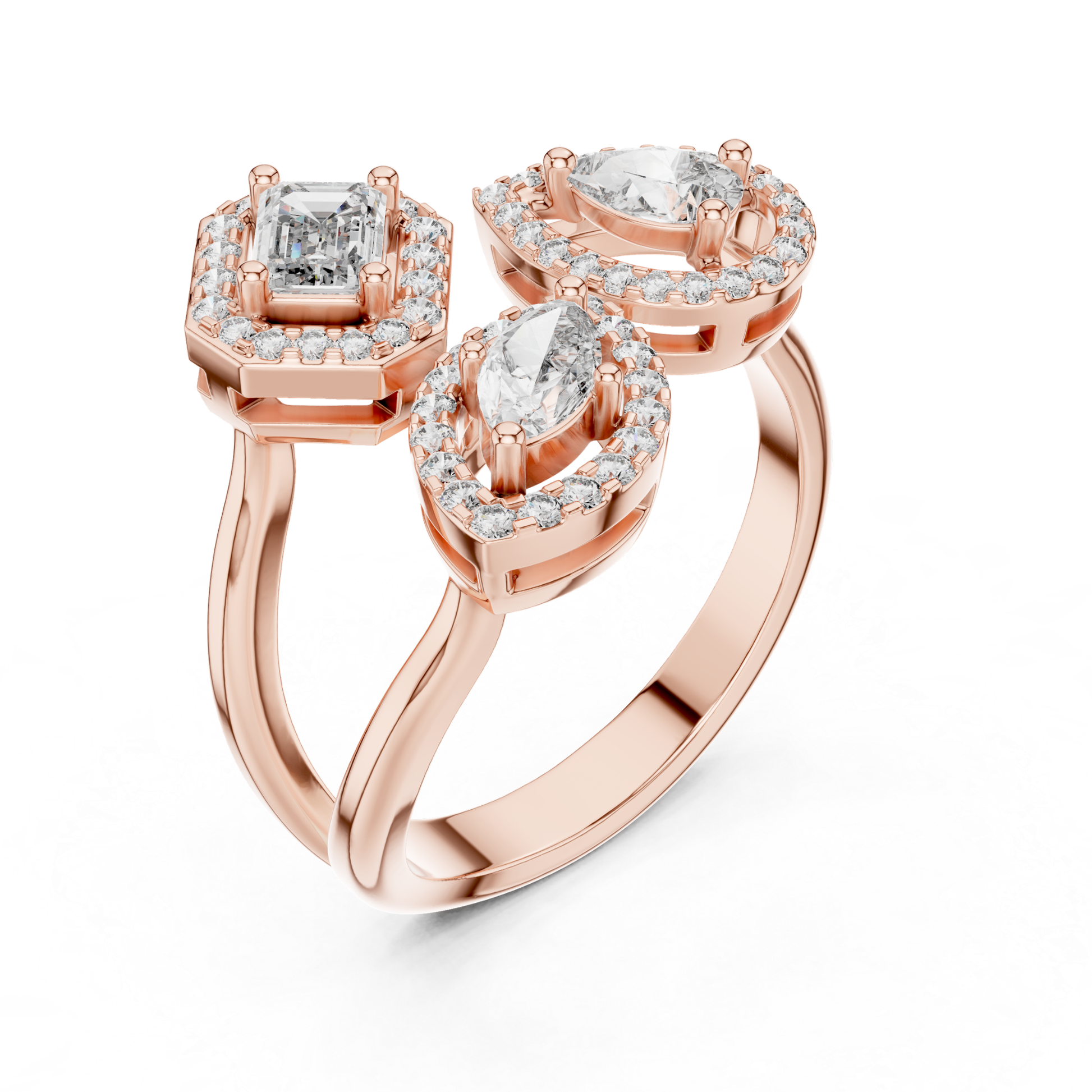 Rose gold multi shape diamond halo ring
Rose gold emerald and marquise diamond ring
Multi stone halo diamond ring in rose gold
Rose gold diamond cluster ring angled view
Mixed shape diamond halo ring rose gold
Rose gold three stone diamond halo ring
Open design diamond halo ring rose gold
Rose gold statement diamond ring
Halo diamond ring with mixed cuts
Rose gold diamond ring perspective view