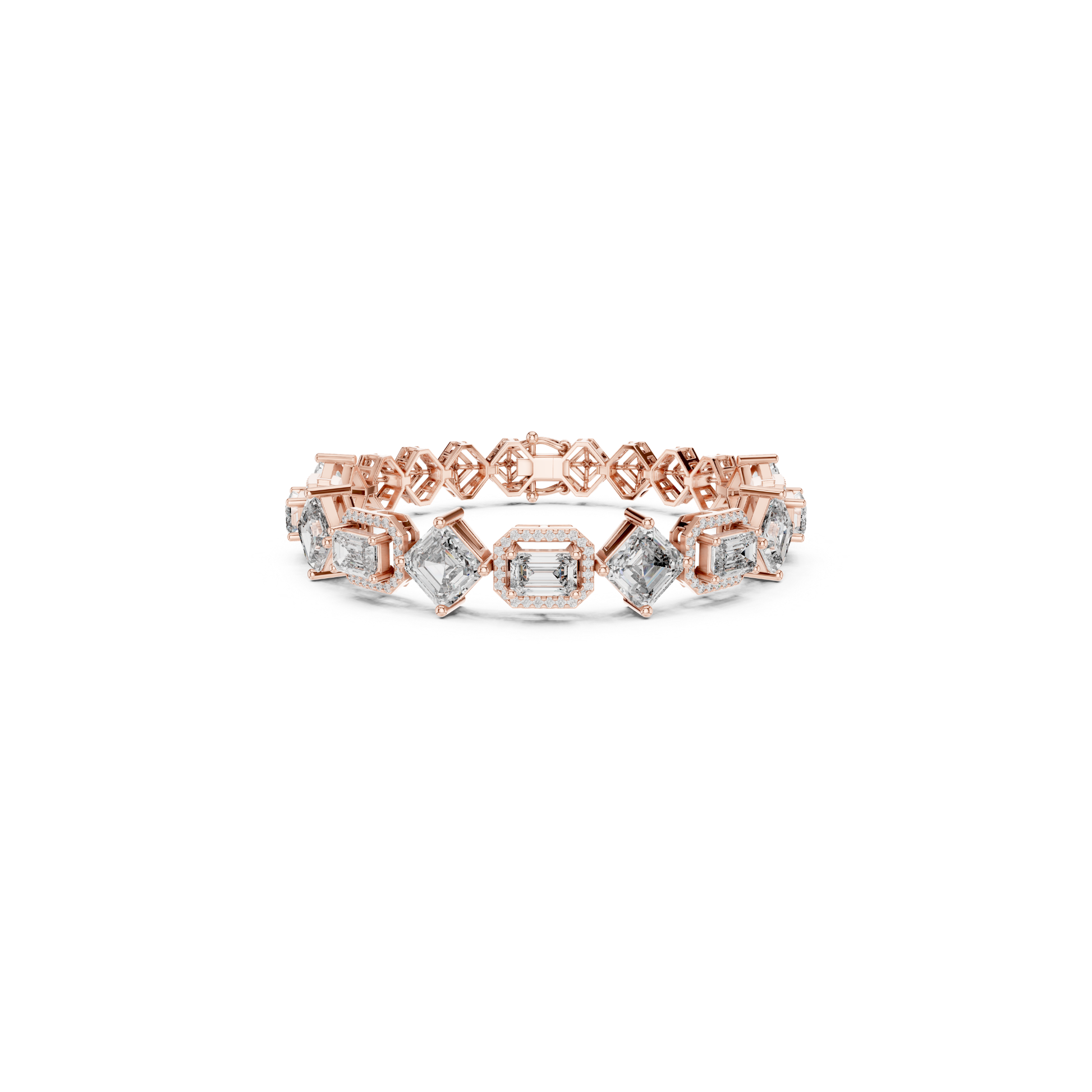 Rose gold multi shape diamond halo tennis bracelet
Fancy cut diamond tennis bracelet in rose gold
Asscher and emerald cut diamond bracelet design
Luxury rose gold bracelet with halo diamonds
Geometric diamond tennis bracelet for women
Rose gold statement bracelet with fancy diamonds
Elegant mixed shape diamond bracelet jewelry
Premium diamond bracelet with halo settings
Modern rose gold diamond tennis bracelet
Fine jewelry multi cut diamond bracelet