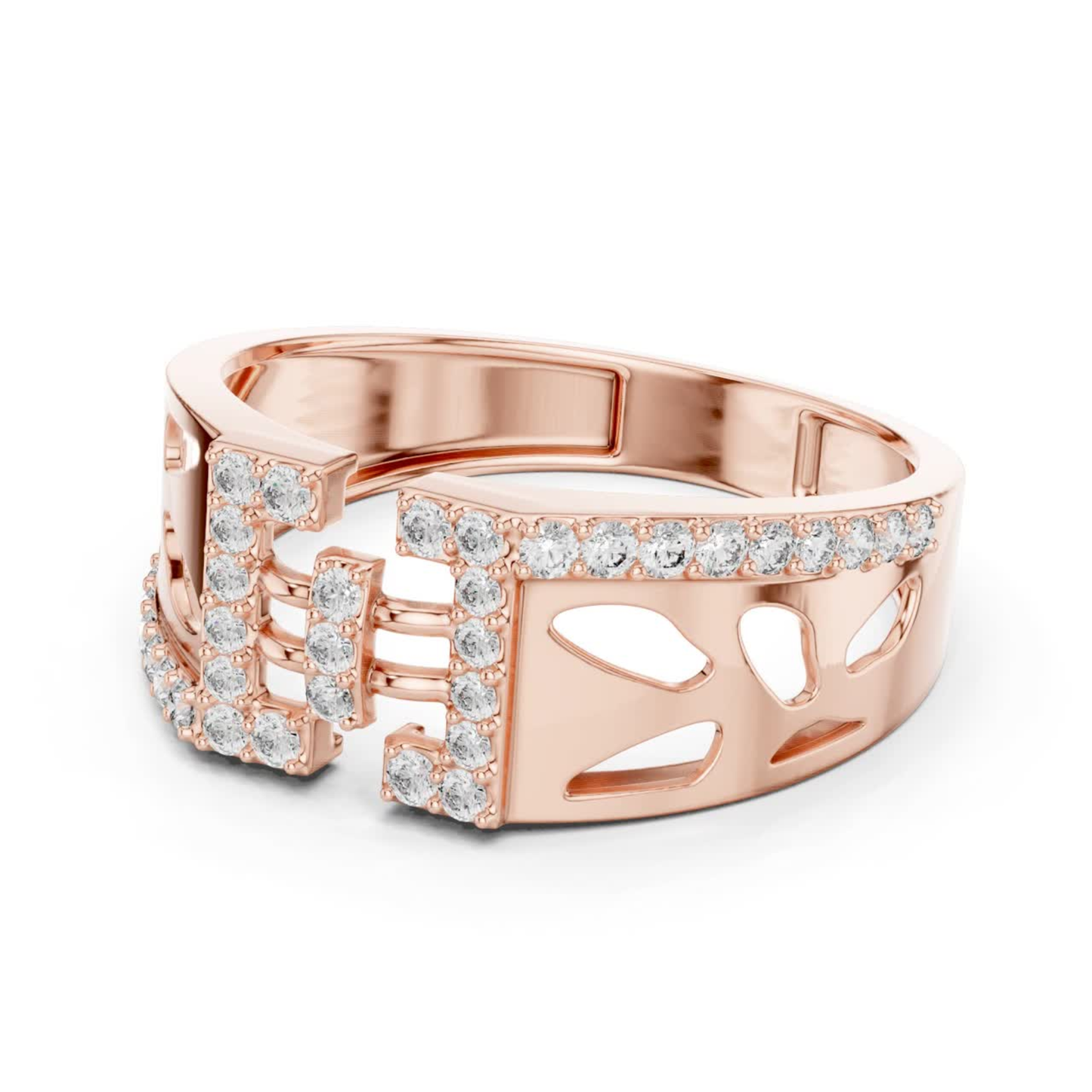 Rose gold openwork diamond ring side view
Side angle rose gold geometric diamond ring
Rose gold open design band with diamonds
Modern rose gold statement ring profile
Contemporary rose gold diamond band side view
Rose gold luxury openwork ring with diamonds
Elegant rose gold fashion ring with diamonds
Rose gold designer geometric band profile
Bold rose gold open style diamond ring
Rose gold modern diamond statement band