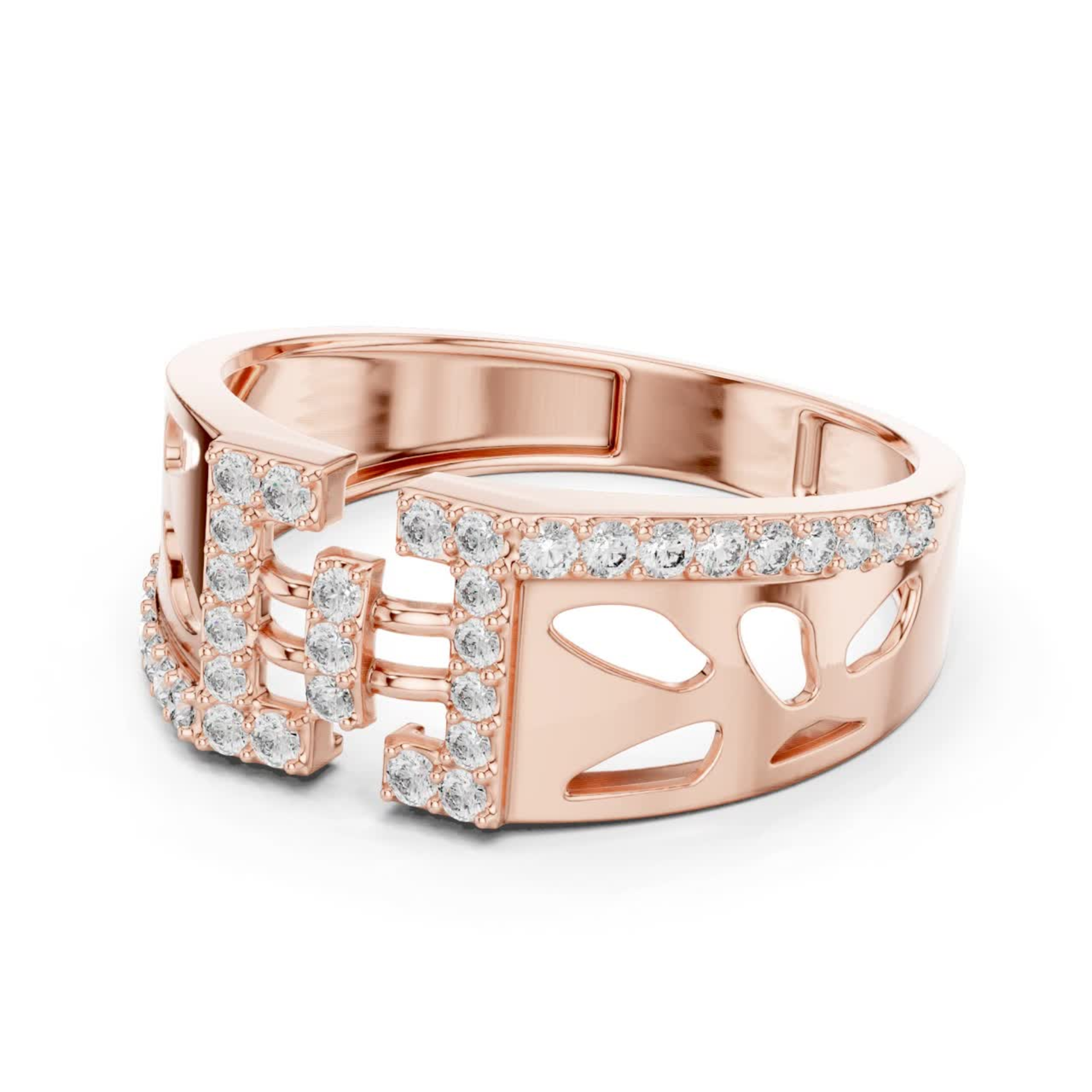 Rose gold openwork diamond ring side view
Side angle rose gold geometric diamond ring
Rose gold open design band with diamonds
Modern rose gold statement ring profile
Contemporary rose gold diamond band side view
Rose gold luxury openwork ring with diamonds
Elegant rose gold fashion ring with diamonds
Rose gold designer geometric band profile
Bold rose gold open style diamond ring
Rose gold modern diamond statement band