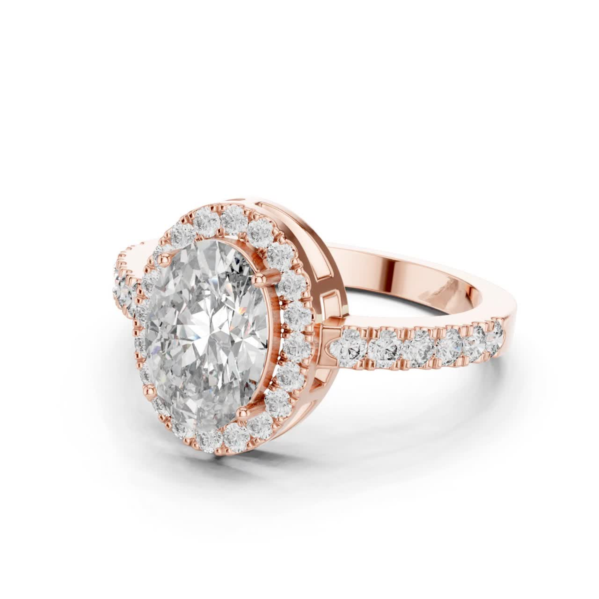 Rose gold oval halo diamond ring angled view
Oval halo diamond ring in rose gold
Rose gold oval cut halo engagement ring
Oval diamond halo ring with pavé band
Rose gold oval center diamond halo ring
Lab grown oval halo diamond ring
Rose gold oval diamond ring with accent diamonds
Oval halo ring with polished rose gold band
Rose gold halo engagement ring with oval diamond
Classic oval halo diamond ring