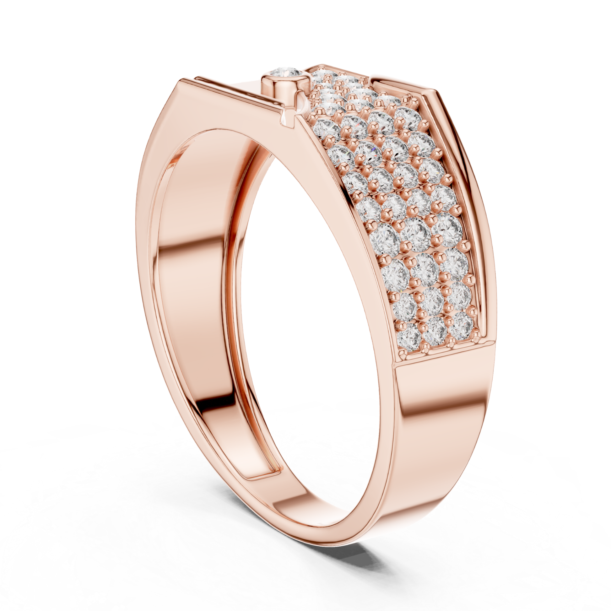 Rose gold pave diamond statement ring rear view
Rear profile rose gold diamond fashion ring
Rose gold geometric pave diamond ring angle
Modern rose gold wide band with diamonds
Contemporary rose gold statement diamond ring
Rose gold luxury ring with pave diamonds
Elegant rose gold designer diamond band
Bold rose gold ring with diamond detailing
Rose gold polished statement ring profile
Rose gold fashion band with pave diamonds