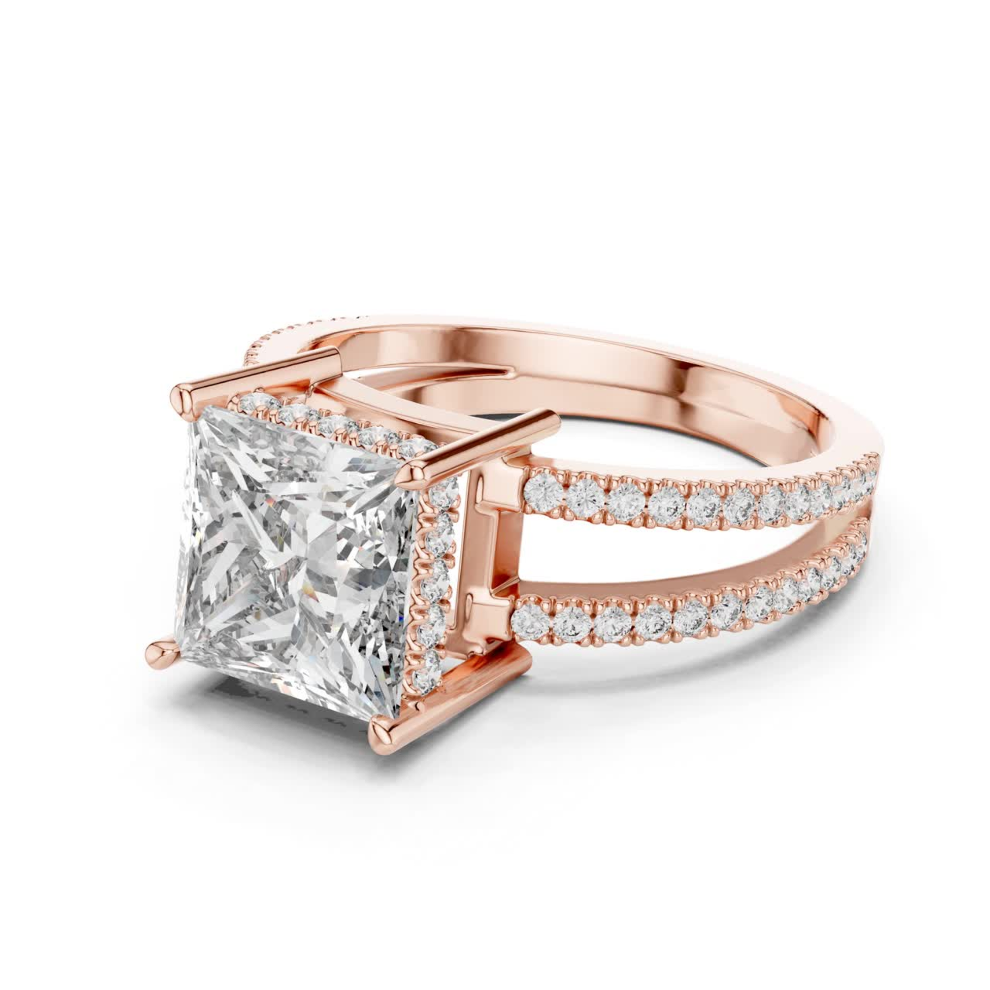 Rose gold princess diamond ring side angle view
Split shank rose gold ring with princess cut diamond
Large princess cut diamond ring with pave band detail
Rose gold engagement ring with double split shank
Side view of princess diamond solitaire ring in rose gold
Elegant rose gold ring with pave accent diamond
Modern split band ring with elevated princess diamond
Fine rose gold ring with four prong princess setting
Princess cut diamond ring with open gallery design
Rose gold ring with split pave shank