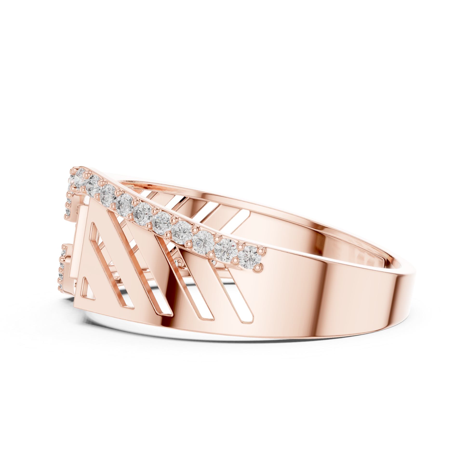 Angled view rose gold Roman style diamond ring
Rose gold geometric diamond ring perspective view
Roman numeral rose gold diamond band profile
Rose gold statement ring with round diamonds
Wide band rose gold diamond ring angled side
Modern rose gold architectural diamond ring
Rose gold luxury diamond ring side profile
Contemporary rose gold round diamond ring
Rose gold designer band with diamond accents
Geometric rose gold fashion ring angled view
