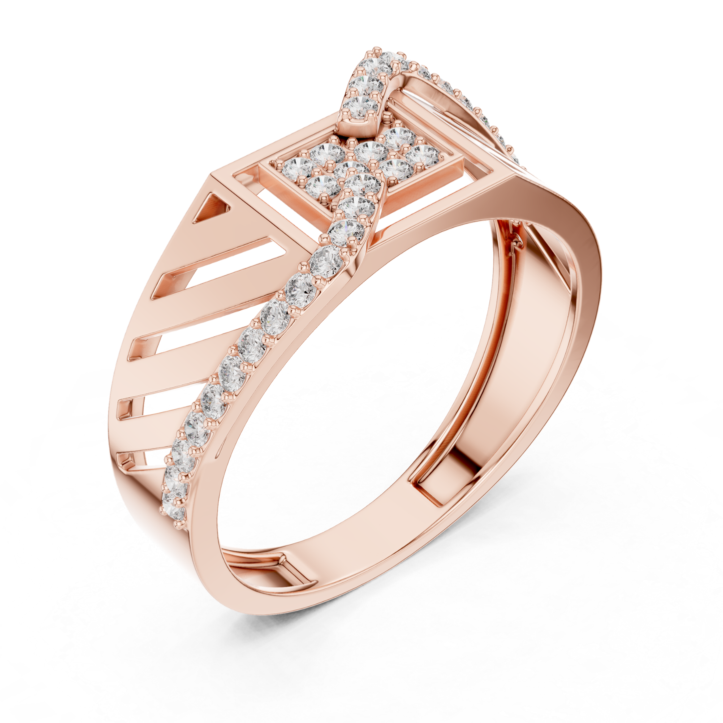 Perspective view rose gold Roman style diamond ring
Rose gold geometric diamond ring angled profile
Roman numeral rose gold diamond fashion ring
Rose gold statement band with round diamonds
Wide band rose gold diamond ring perspective
Modern rose gold architectural style ring
Rose gold luxury ring with diamond accents
Contemporary rose gold round diamond ring
Rose gold designer geometric diamond band
Angled rose gold Roman style diamond ring