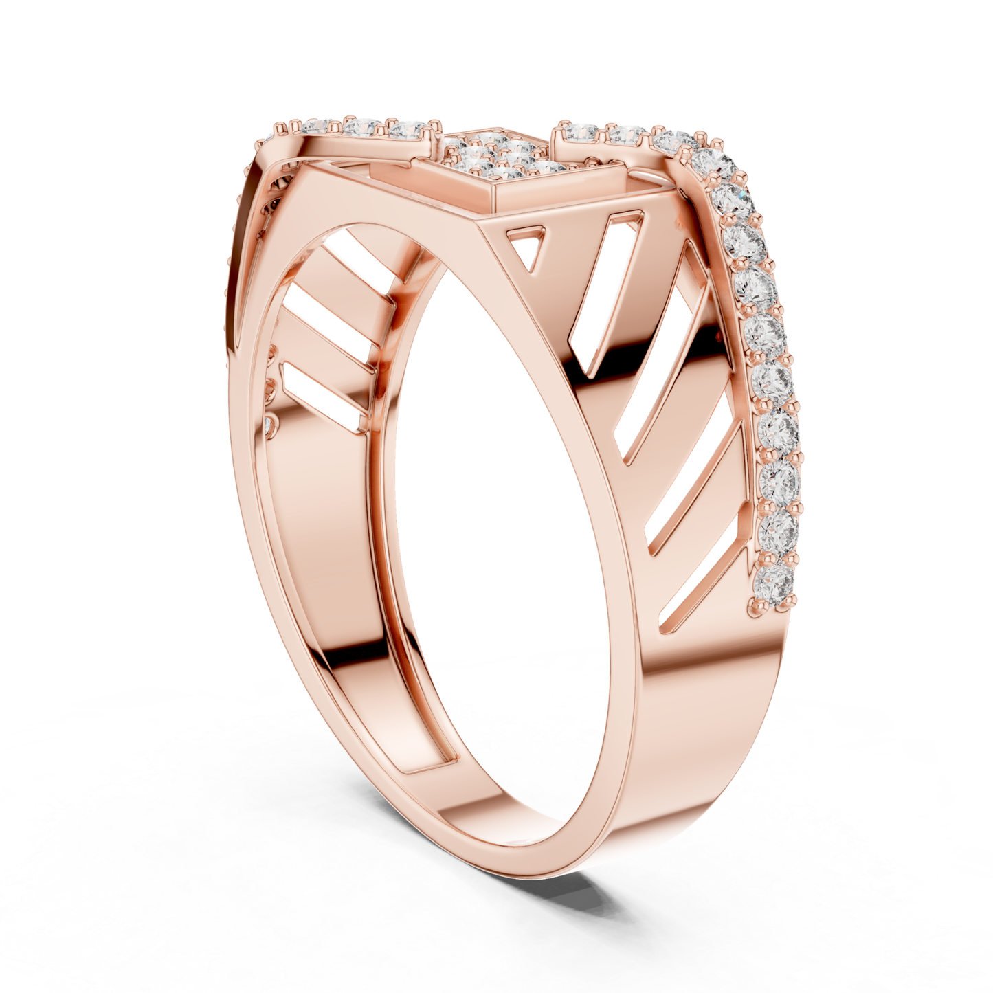 Rose gold Roman style diamond ring side profile
Side profile rose gold geometric diamond ring
Roman numeral rose gold diamond band view
Rose gold statement ring with round diamonds
Wide band rose gold diamond ring profile
Modern rose gold architectural style ring
Rose gold luxury diamond ring side angle
Contemporary rose gold fashion band ring
Rose gold designer ring with diamond accents
Geometric rose gold diamond ring perspective view