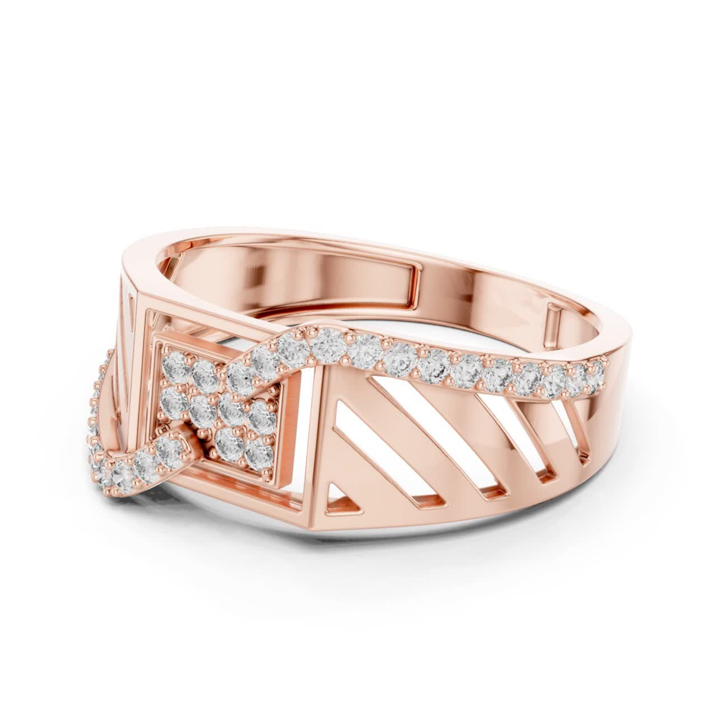 Side view rose gold Roman style diamond ring
Rose gold geometric diamond ring angled profile
Roman numeral rose gold diamond band ring
Rose gold statement ring with round diamonds
Wide band rose gold diamond ring side angle
Modern rose gold architectural diamond ring
Rose gold luxury diamond ring perspective view
Round diamond rose gold fashion band ring
Rose gold designer ring side profile
Contemporary rose gold diamond ring side view