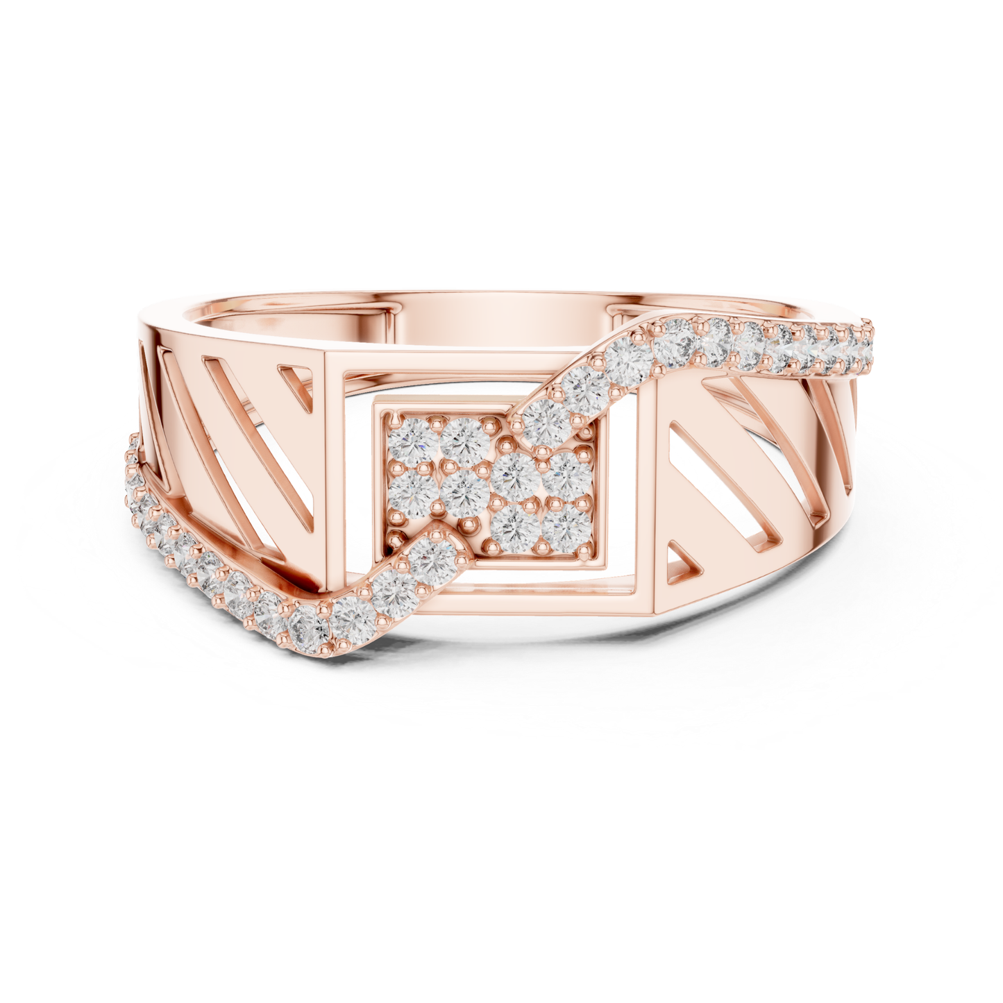 Rose gold Roman style diamond ring front view
Round diamond rose gold statement band ring
Rose gold geometric diamond fashion ring
Roman numeral inspired rose gold diamond ring
Wide band rose gold ring with diamonds
Rose gold luxury round diamond ring design
Modern rose gold architectural diamond ring
Rose gold designer ring with round diamonds
Geometric rose gold diamond band front profile
Rose gold contemporary diamond statement ring