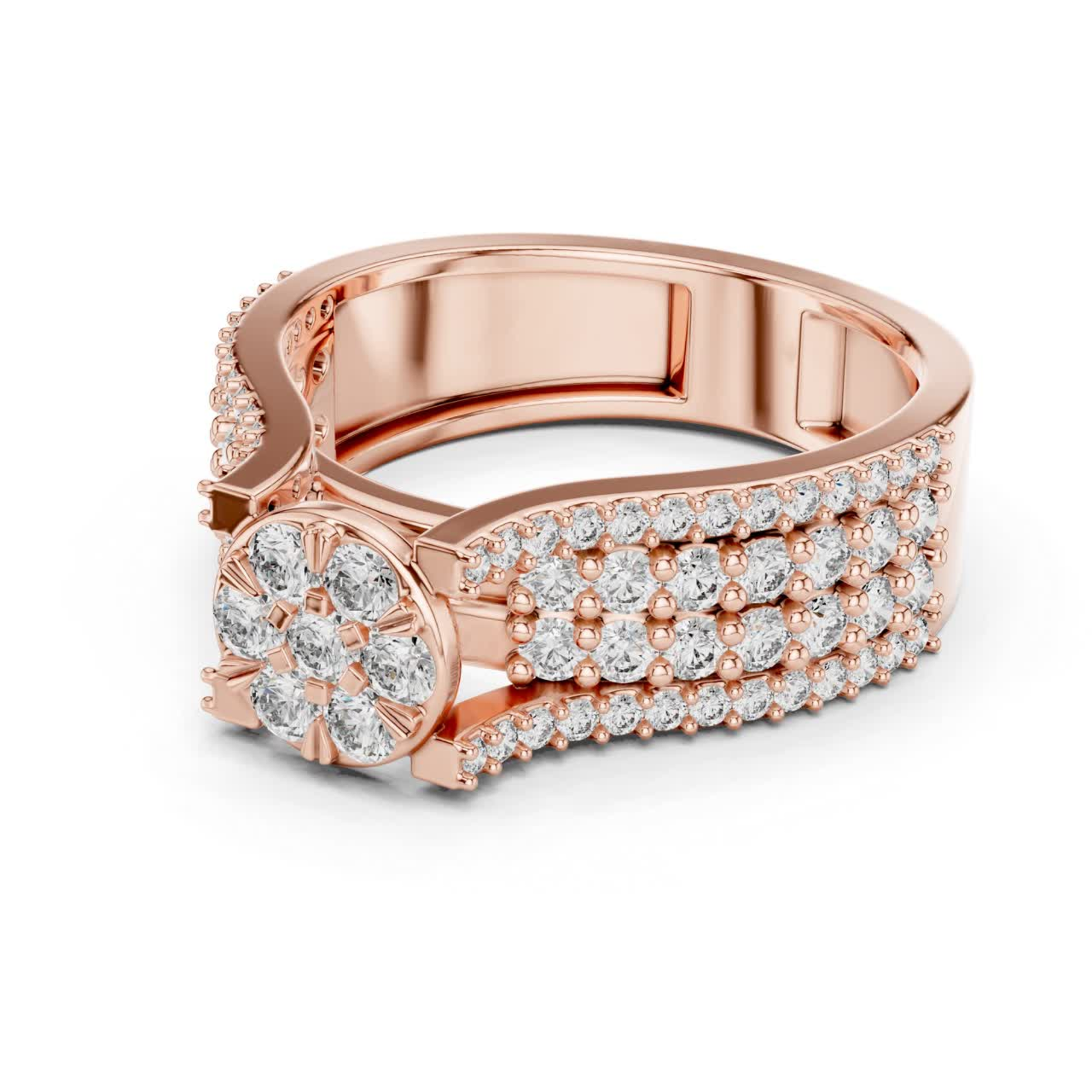 Side view of round diamond cluster ring in rose gold
Rose gold diamond cluster ring with wide pave band
Floral diamond ring side profile in rose gold
Round diamond flower cluster ring side angle
Rose gold ring with round diamond cluster side view
Multi diamond cluster ring with pave detailing side view
Rose gold floral diamond statement ring profile
Pave diamond band with round cluster center side angle
Classic round diamond cluster ring in rose gold side view
Rose gold diamond flower ring