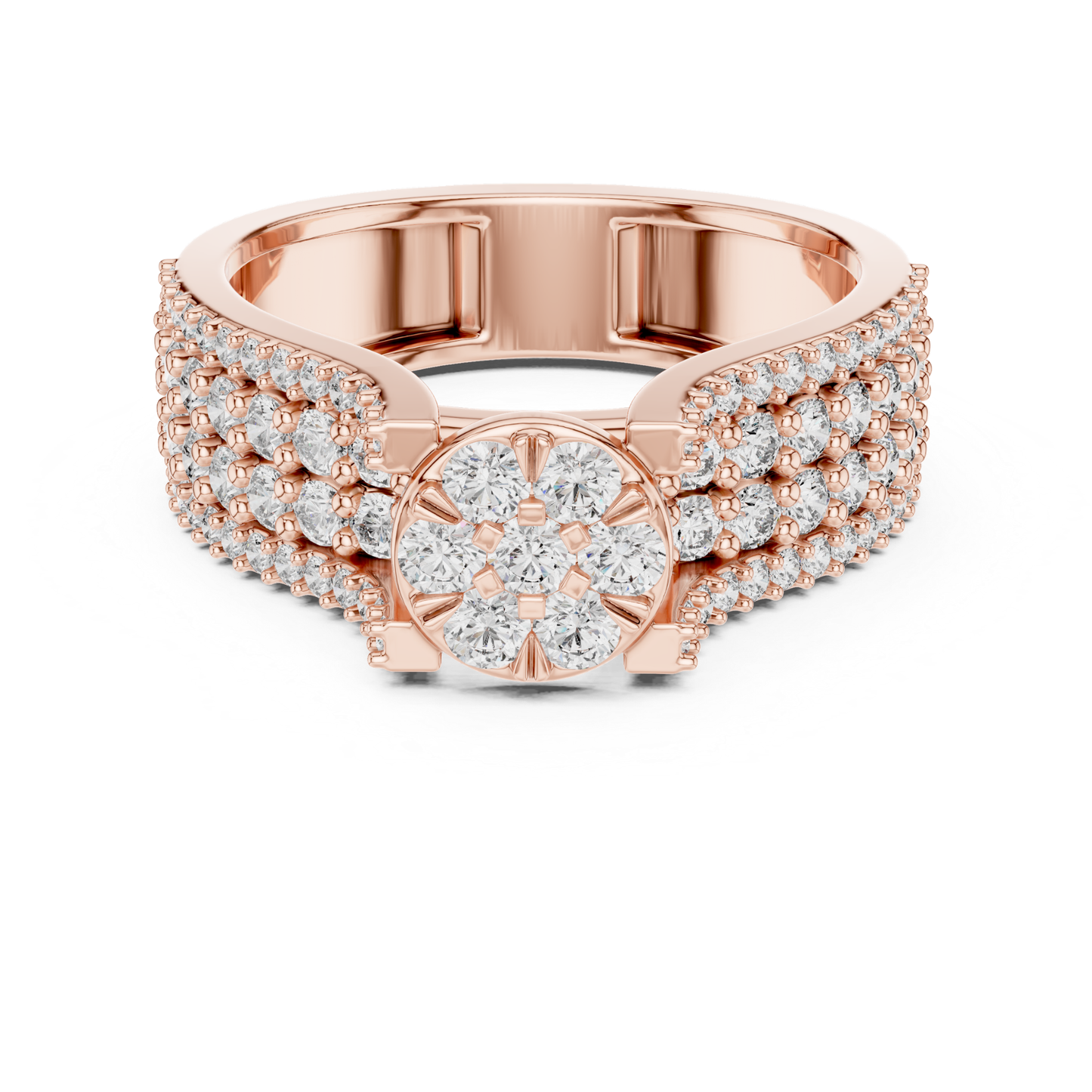 Round diamond cluster ring in rose gold
Rose gold diamond cluster engagement ring
Floral diamond ring with pave band in rose gold
Round diamond flower cluster ring front view
Rose gold ring with round diamond cluster center
Multi diamond cluster ring with wide pave band
Rose gold floral diamond statement ring
Pave diamond band with round cluster center
Classic round diamond cluster ring in rose gold
Rose gold diamond flower ring with pave details