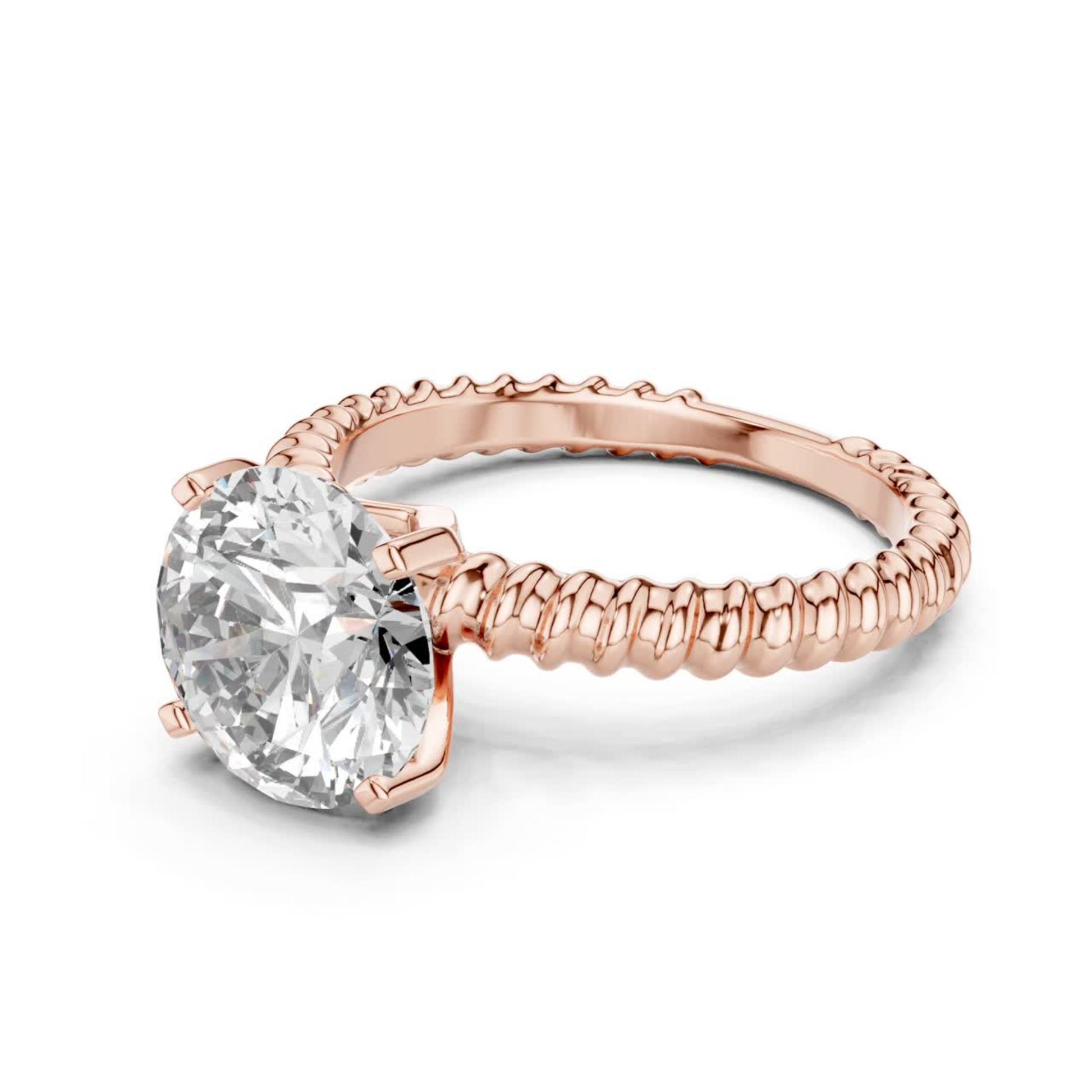 Rose gold round cut diamond rope band side angle
Angled view of rose gold solitaire diamond ring
Round diamond ring with twisted rope band
Four prong rose gold round diamond ring
Rose gold solitaire ring with textured band
Round brilliant diamond rope shank ring
Rose gold engagement ring side angle
Polished rose gold round diamond ring
Rope band rose gold solitaire ring profile
Rose gold round diamond prong setting ring
