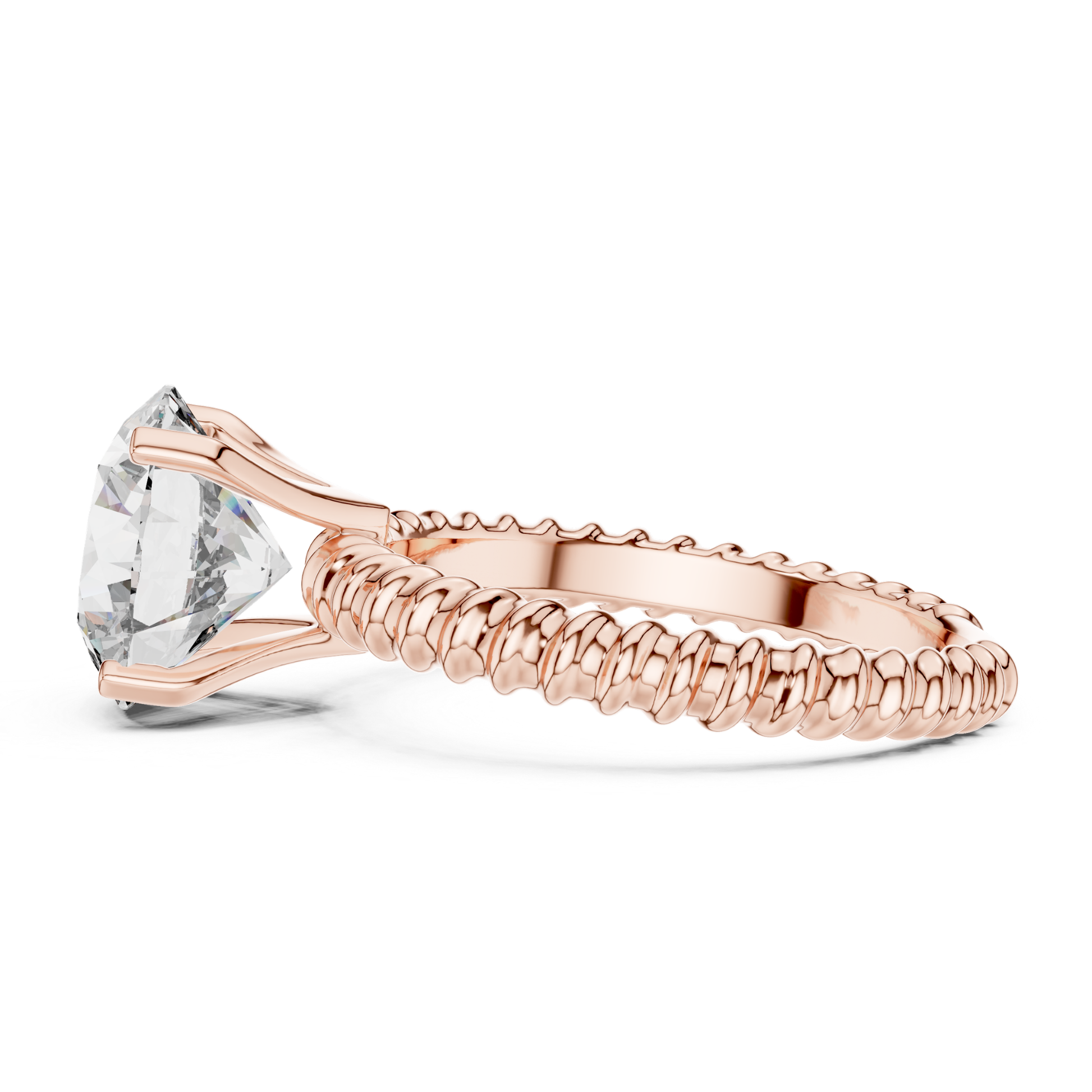 Rose gold round cut diamond rope band side view
Side profile of rose gold solitaire diamond ring
Rose gold ring with open prong setting
Round diamond rope band engagement ring
Four prong rose gold round diamond ring
Rope texture rose gold solitaire ring profile
Raised round diamond rose gold ring side
Rose gold round diamond ring side angle
Open gallery round diamond rope band ring
Polished rose gold solitaire side profile