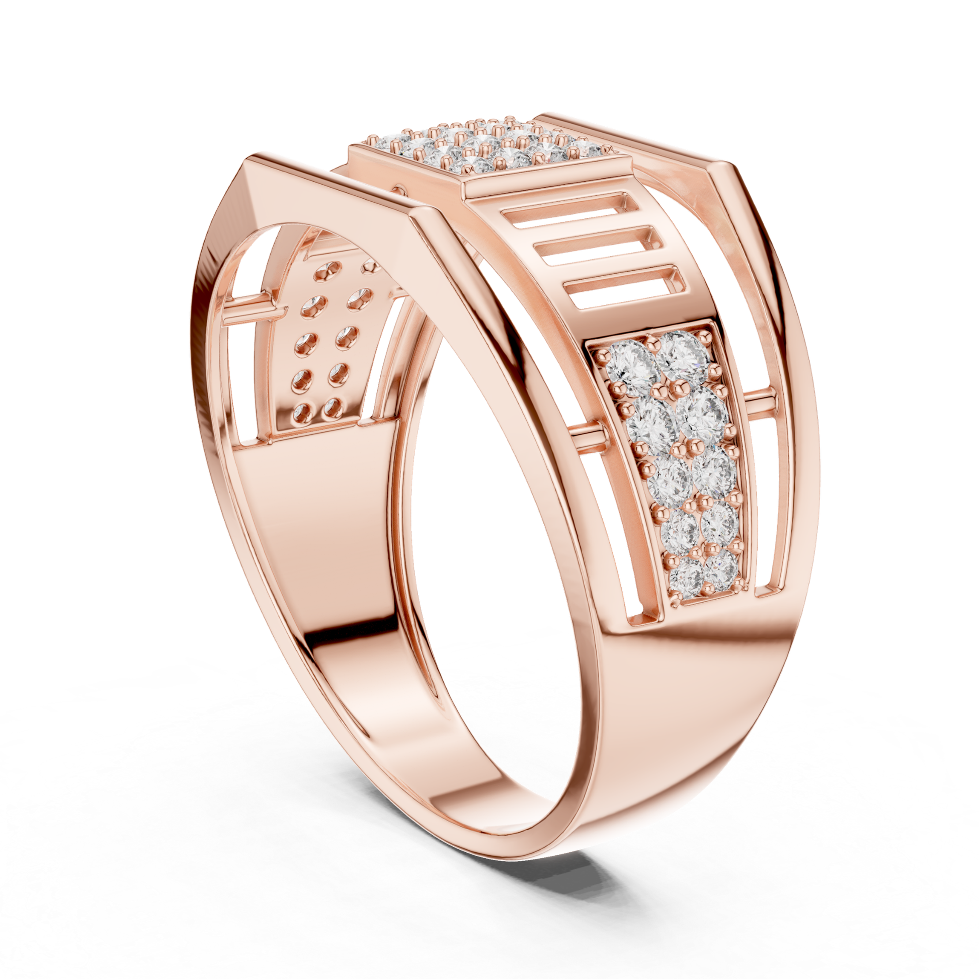 Rose gold architectural ring with round diamonds
Modern rose gold geometric diamond band ring
Elegant rose gold open frame diamond ring
Rose gold square cluster diamond statement ring
Luxury rose gold wide band ring for women
Stylish rose gold designer ring with diamonds
Fine jewelry rose gold contemporary diamond ring
Unique rose gold geometric fashion ring closeup
Handmade rose gold round diamond ring design
Rose gold modern ring with sparkling diamond accents