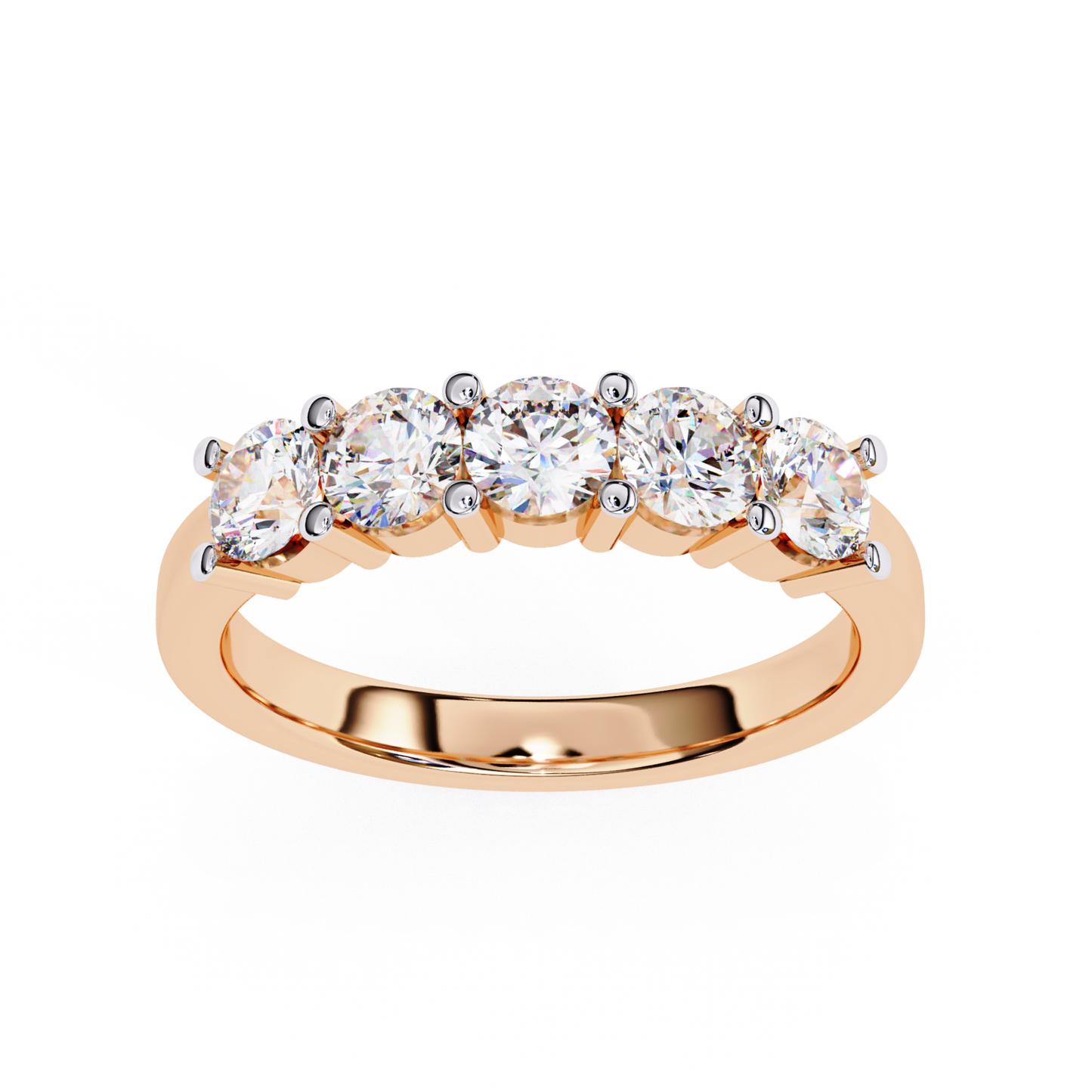 Rose gold band with round diamonds
Round diamond row set on rose gold ring
Front view rose gold diamond band
Top view round diamond ring design
Rose gold ring with multiple round diamonds
Prong set round diamonds on rose gold band
Close view of round diamonds on ring
Polished rose gold ring with diamonds
Classic rose gold band featuring round diamonds
Simple rose gold ring with diamond row