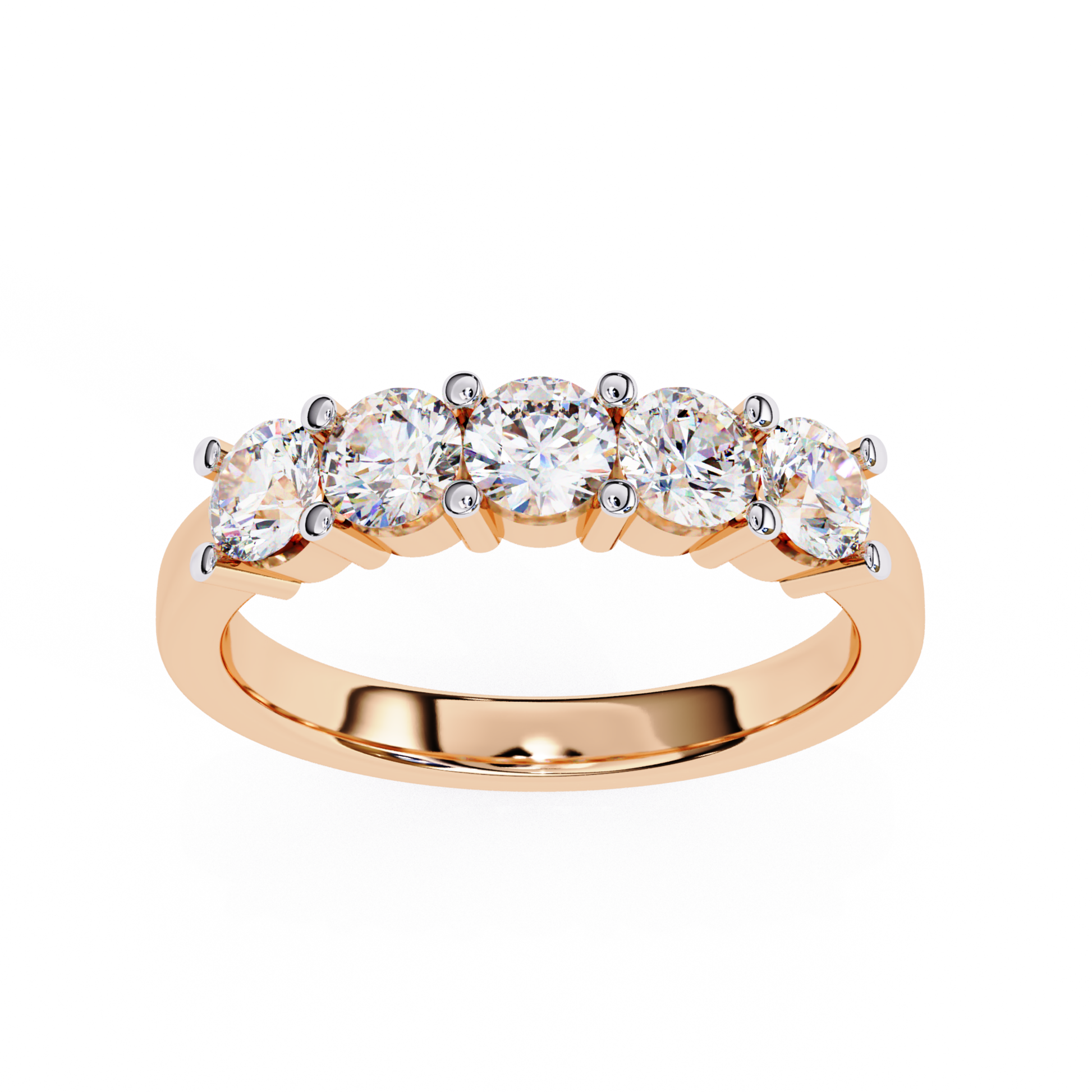 Rose gold band with round diamonds
Round diamond row set on rose gold ring
Front view rose gold diamond band
Top view round diamond ring design
Rose gold ring with multiple round diamonds
Prong set round diamonds on rose gold band
Close view of round diamonds on ring
Polished rose gold ring with diamonds
Classic rose gold band featuring round diamonds
Simple rose gold ring with diamond row