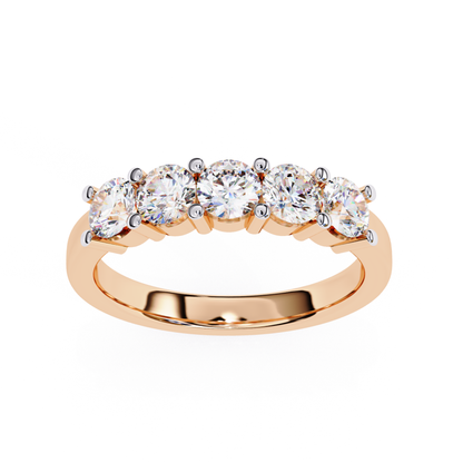Rose gold band with round diamonds
Round diamond row set on rose gold ring
Front view rose gold diamond band
Top view round diamond ring design
Rose gold ring with multiple round diamonds
Prong set round diamonds on rose gold band
Close view of round diamonds on ring
Polished rose gold ring with diamonds
Classic rose gold band featuring round diamonds
Simple rose gold ring with diamond row