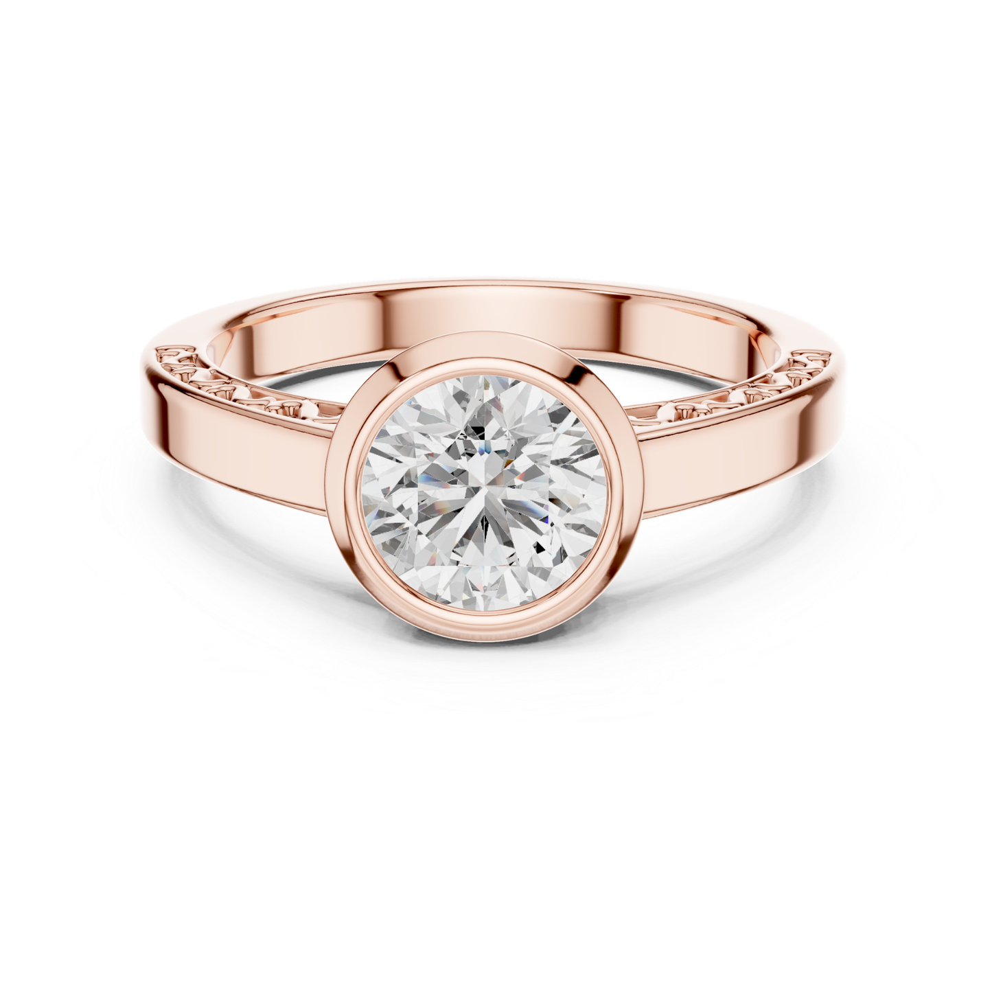 Rose gold round diamond bezel solitaire ring design
Rose gold round diamond bezel ring front view
Round diamond bezel solitaire ring in rose gold
Polished rose gold bezel diamond ring design
Round brilliant bezel set diamond rose gold
Rose gold round bezel solitaire diamond ring
Front view round diamond bezel setting ring
Rose gold bezel set round diamond ring style
Minimal round diamond bezel rose gold ring
Rose gold round bezel diamond ring front profile