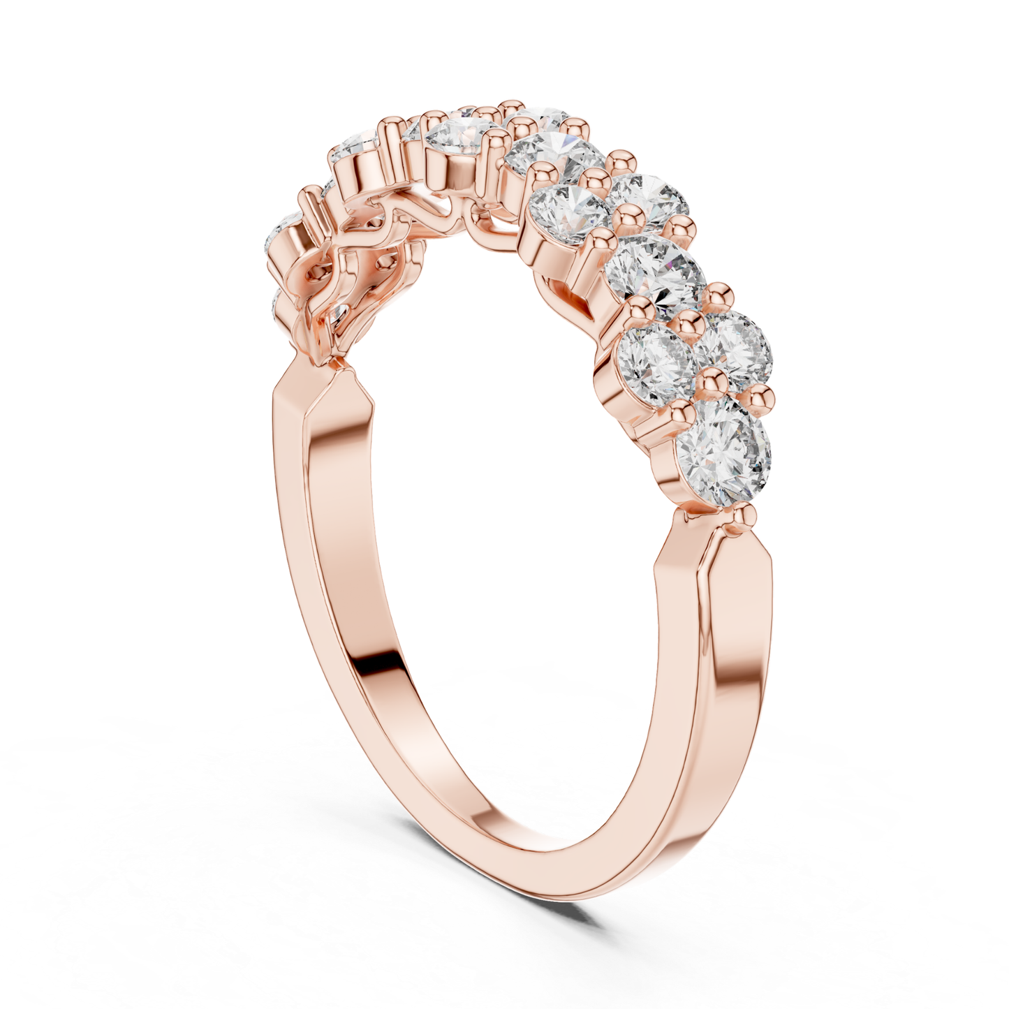 Vertical view rose gold diamond cluster band
Rose gold round diamond band upright angle
Diamond cluster wedding band vertical profile
Rose gold multi diamond anniversary ring
Round diamond stackable band vertical view
Shared prong diamond band rose gold
Rose gold floral diamond band ring
Minimal diamond cluster ring upright angle
Rose gold round diamond statement band
Upright rose gold diamond wedding band