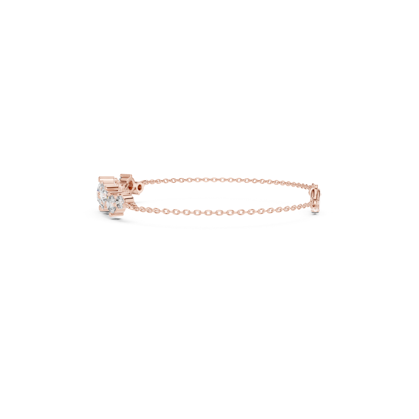 Side view rose gold diamond chain bracelet
Rose gold bracelet profile with round diamonds
Diamond cluster bracelet side angle view
Rose gold chain bracelet with diamond settings
Side profile round diamond bracelet design
Fine chain bracelet with diamond cluster detail
Rose gold bracelet showing diamond gallery
Round diamond bracelet side perspective
Delicate rose gold diamond chain profile
Side angle view of diamond cluster bracelet