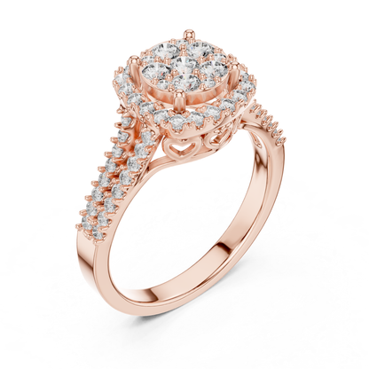 Angled view rose gold round diamond cluster halo ring
Rose gold round diamond halo ring perspective view
Round diamond cluster ring in rose gold angle view
Rose gold halo ring with round diamonds angled profile
Split shank rose gold diamond halo ring view
Rose gold round diamond cluster ring close-up
Luxury rose gold halo ring with pave diamonds
Rose gold ring with round diamond split shank
Elegant rose gold cluster halo ring angle view
Premium rose gold round diamond ring perspective
