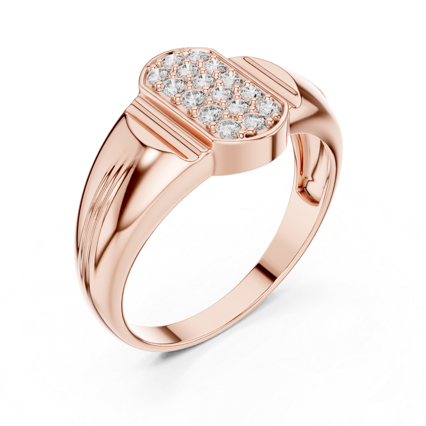 Rose gold diamond signet ring angled view
Angled view of round diamond cluster ring in rose gold
Rose gold cluster ring with tapered band angled profile
Polished rose gold ring with raised cluster top view
Round cut diamond ring with angled rose gold band
Rose gold fashion ring with bold angled design
Elegant angled view of rose gold cluster ring
Modern rose gold signet ring with curved profile
Luxury rose gold diamond ring with angled finish
Rose gold multi diamond ring with angled shank