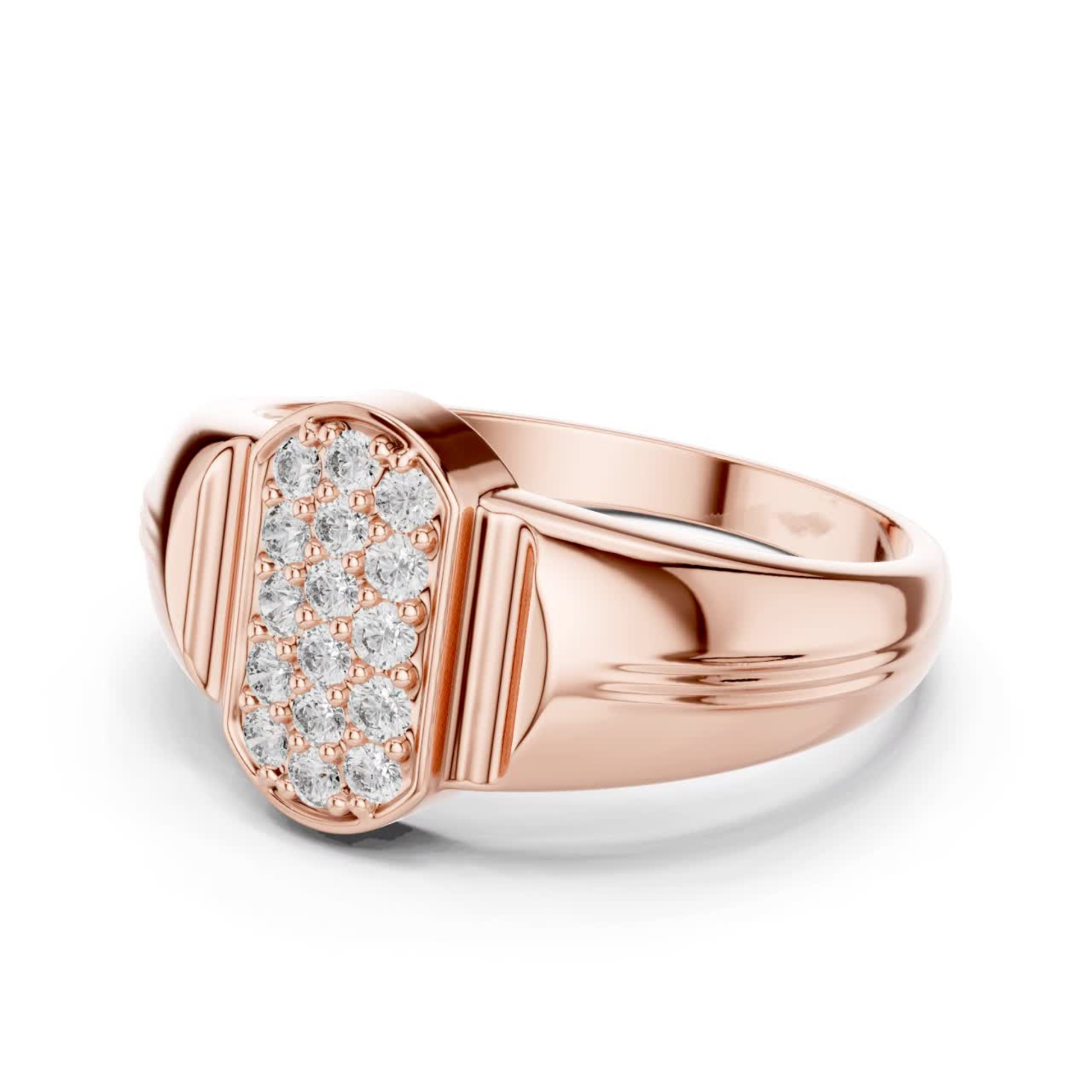 Rose gold cluster signet ring side view
Side profile of diamond cluster ring in rose gold
Rose gold statement ring with tapered band side view
Polished rose gold ring with bold side profile
Round cut ring with sleek rose gold band
Rose gold ring with raised rectangular top side
Elegant side view of rose gold signet ring
Modern rose gold ring with curved band profile
Luxury rose gold ring with polished side detail
Rose gold diamond ring with thick tapered shank