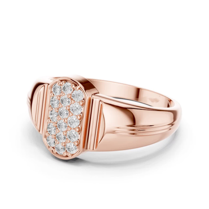 Rose gold cluster signet ring side view
Side profile of diamond cluster ring in rose gold
Rose gold statement ring with tapered band side view
Polished rose gold ring with bold side profile
Round cut ring with sleek rose gold band
Rose gold ring with raised rectangular top side
Elegant side view of rose gold signet ring
Modern rose gold ring with curved band profile
Luxury rose gold ring with polished side detail
Rose gold diamond ring with thick tapered shank