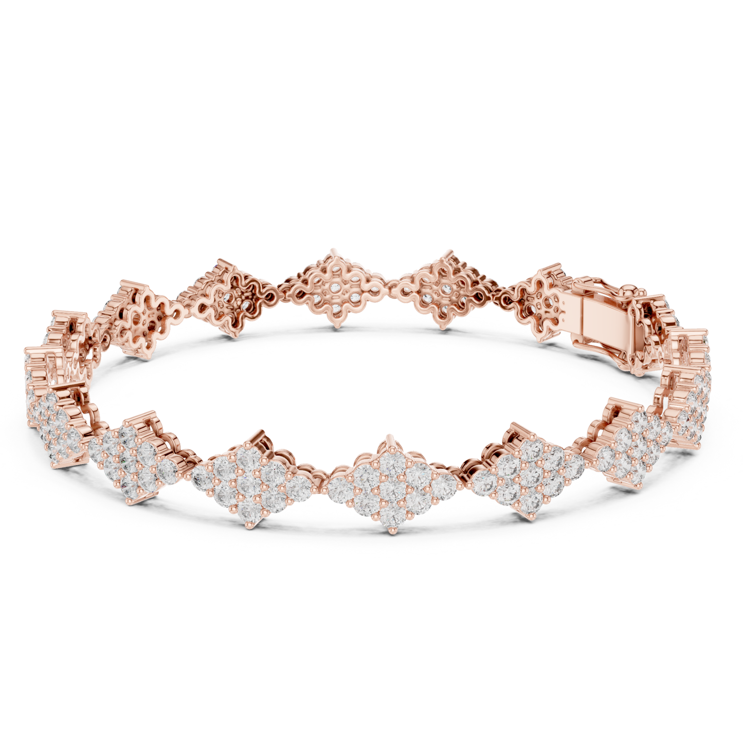 Rose gold round diamond cluster tennis bracelet rear view
Back view of round diamond cluster bracelet
Rose gold bracelet showing cluster gallery design
Rear profile of round diamond tennis bracelet
Rose gold diamond bracelet with open gallery links
Back side of round diamond cluster bracelet
Rose gold bracelet with detailed link pattern
Round diamond cluster bracelet rear angle view
Rose gold tennis bracelet showing clasp detail
Round diamond bracelet with decorative gallery work